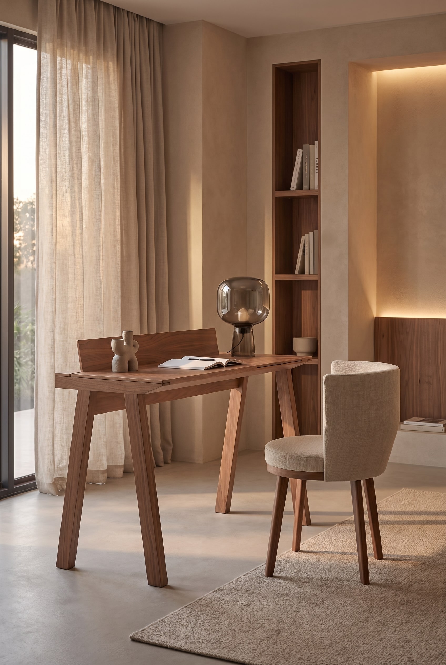 Elegante woonkamer met een moderne notenhouten secretaire met verhoogde achterwand, een gestoffeerde kruk en een tafellamp van rookglas.