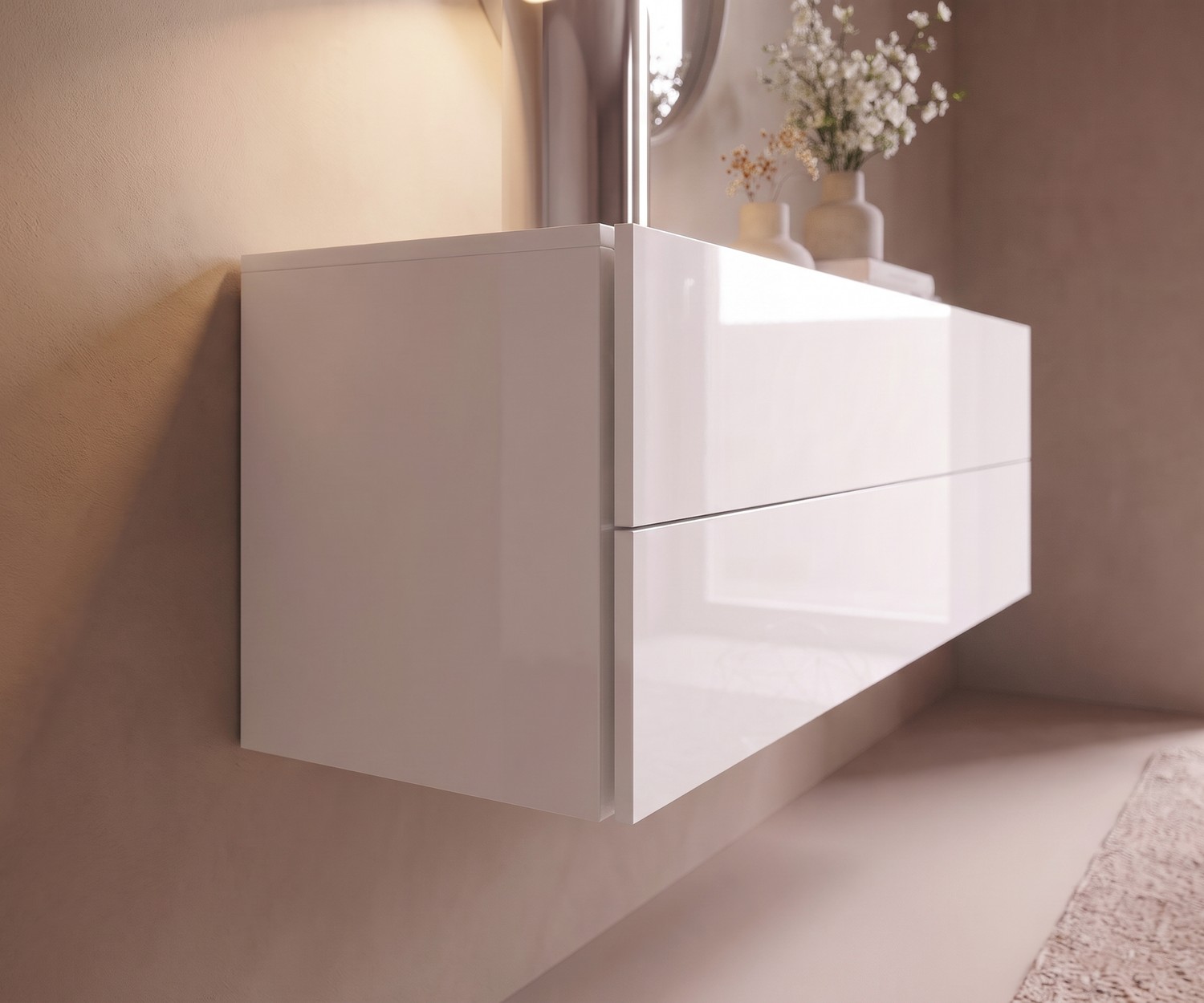 Novamobili Hängekommode Easy im Schlafzimmer. Moderne schwebende Kommode in Weiß Hochglanz für minimalistisches Design.