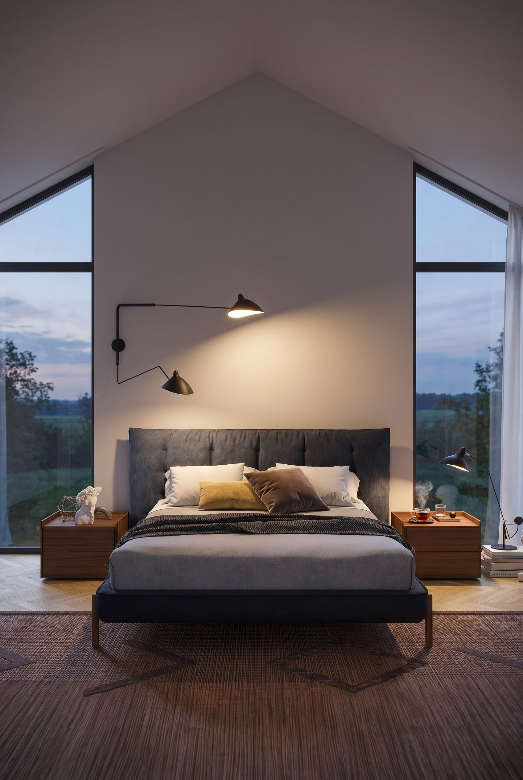 Donkerblauw gestoffeerd bed met dik textiel frame in een gezellige zolderslaapkamer