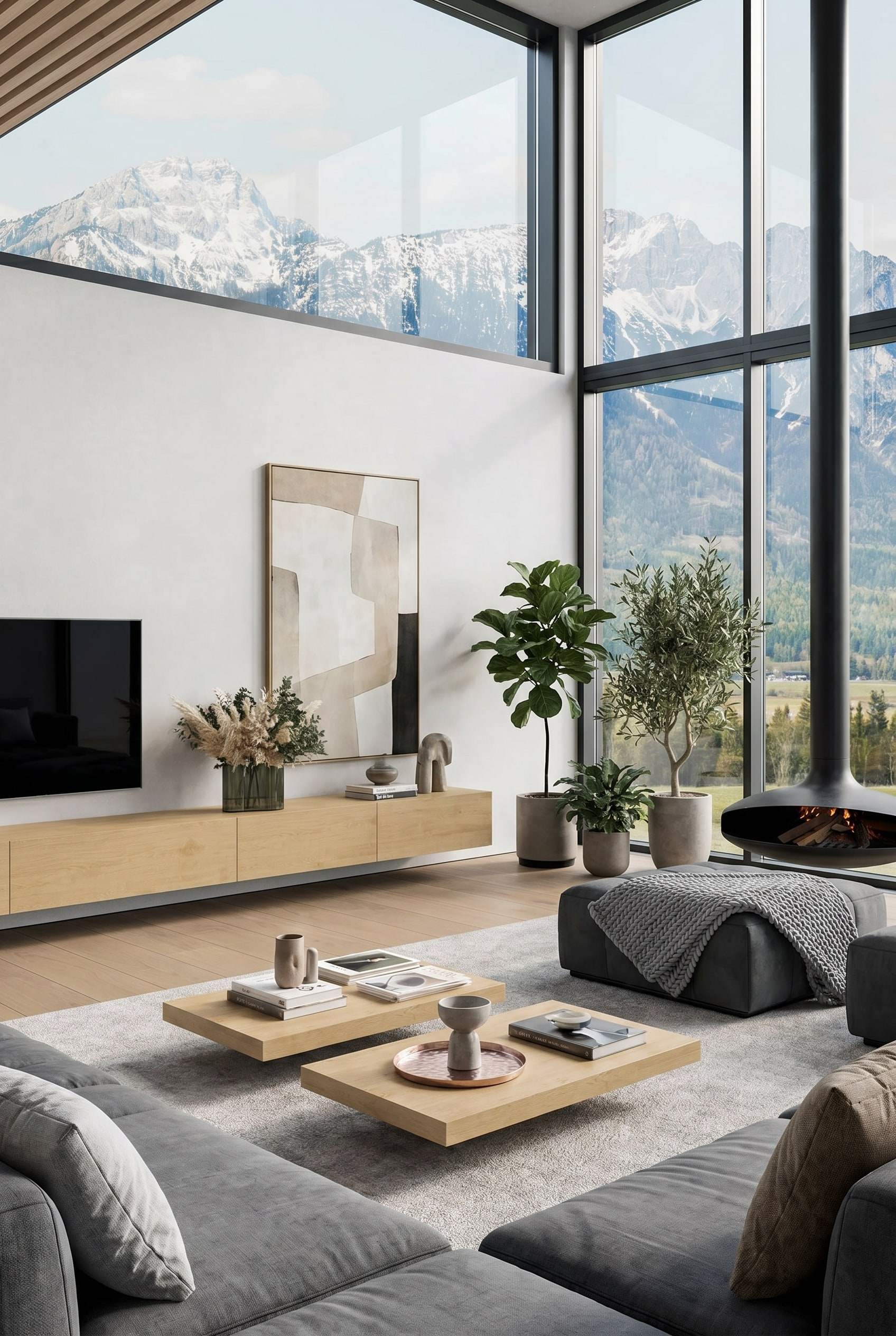 Soggiorno spazioso con lowboard in legno sospeso a parete, che allunga visivamente le proporzioni della stanza