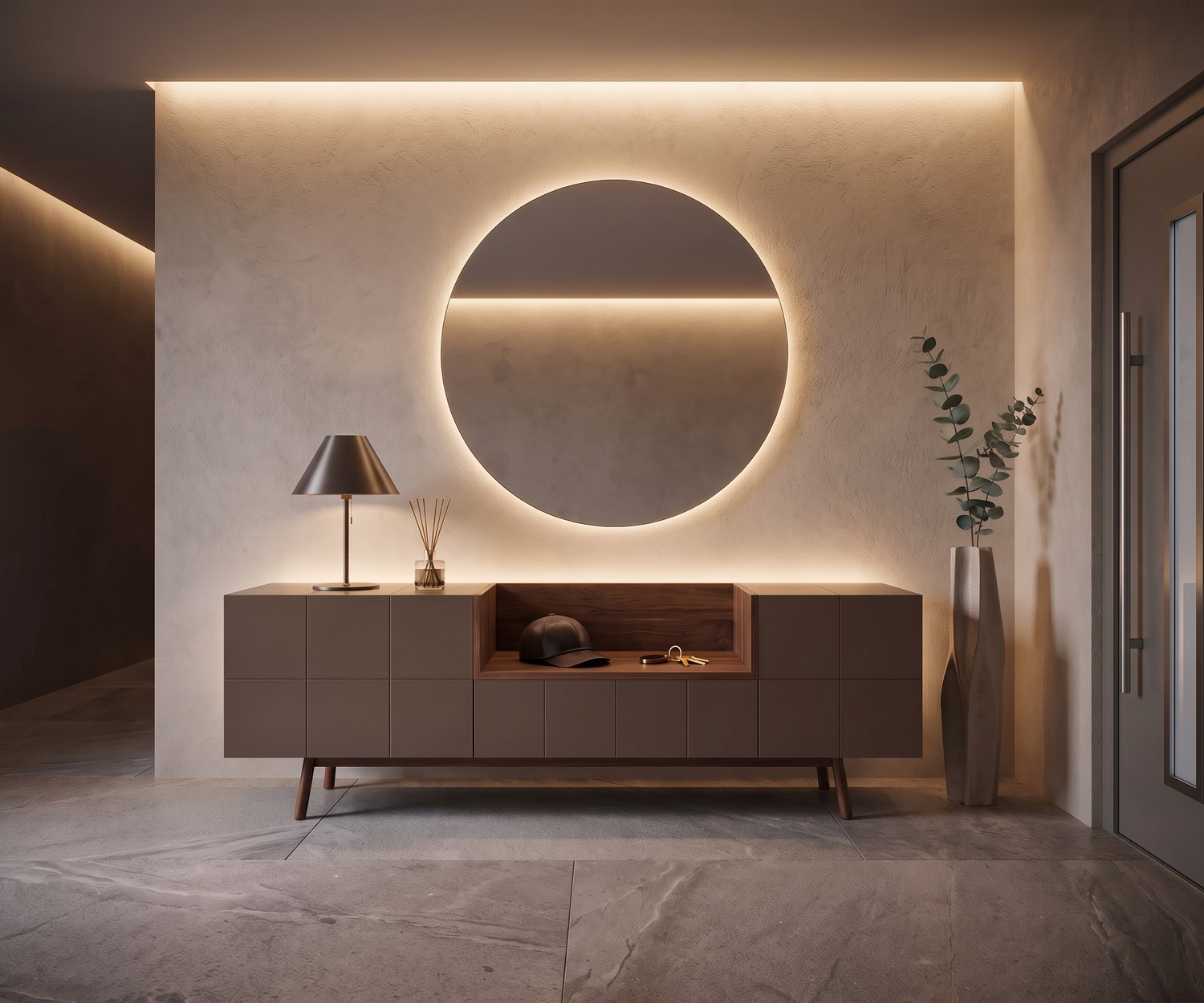 al2 Design Sideboard MOS-I-KO 003 A in Matte Brown al2 Sideboard MOS-I-KO 003 A in a modern hallway, matte brown console cabinet with open wood niche and backlit round mirror