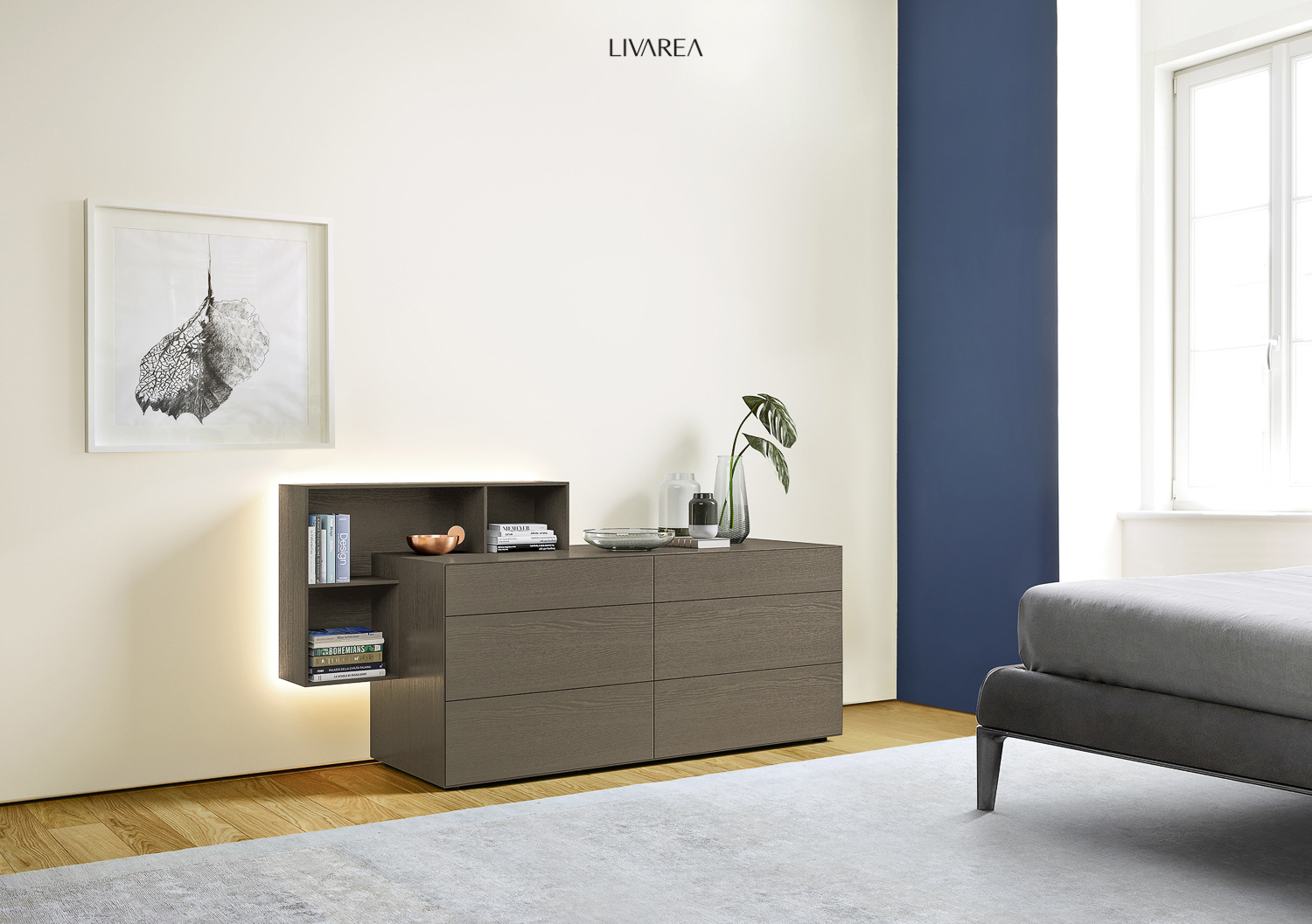 Exklusive Kommode mit offenem Regal und Beleuchtung Schlafzimmer Schubladen Stauraum Exklusive Kommode mit offenem Regal und Beleuchtung Schlafzimmer Schubladen Stauraum