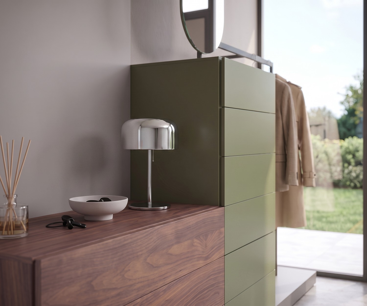 Novamobili Easy 9 Chest of Drawers with Coat Rack Novamobili chest of drawers Easy 9 with coat rack in hallway in walnut and sage green, modern modular Italian design.