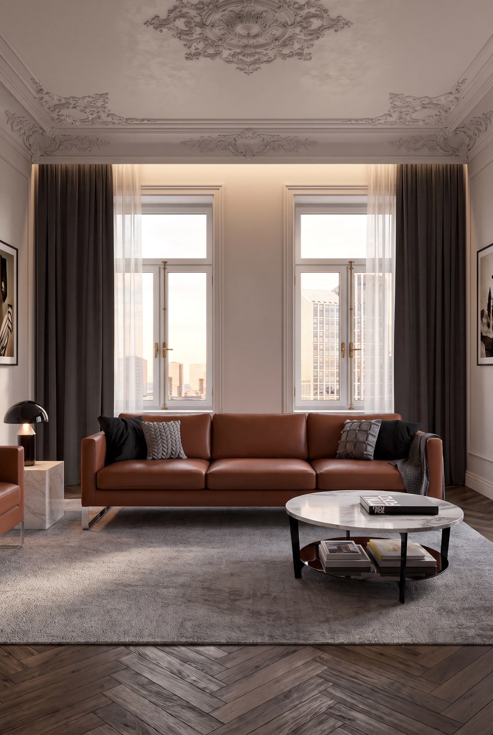 Divano moderno e semplice Prostoria Cloud in un elegante soggiorno di un edificio antico con parquet a spina di pesce