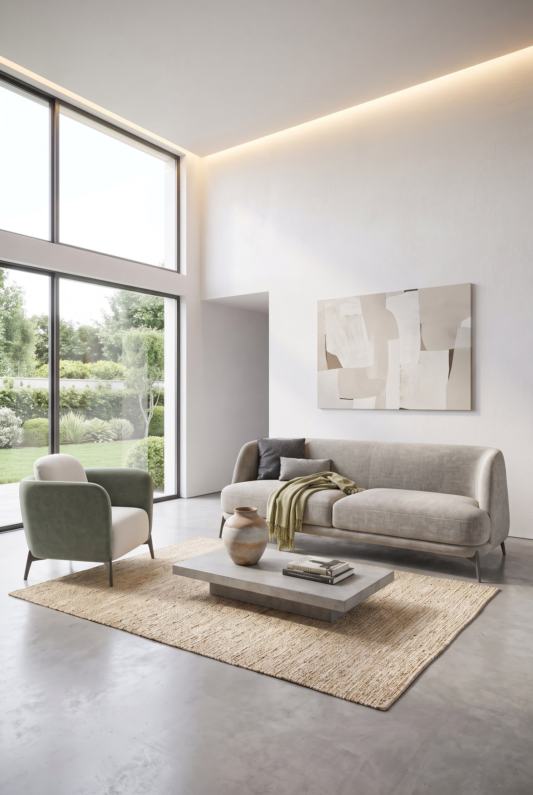 An open living room with an extra-deep, light gray sofa, elegant contours, and a flat coffee table that emphasizes the horizontal lines.