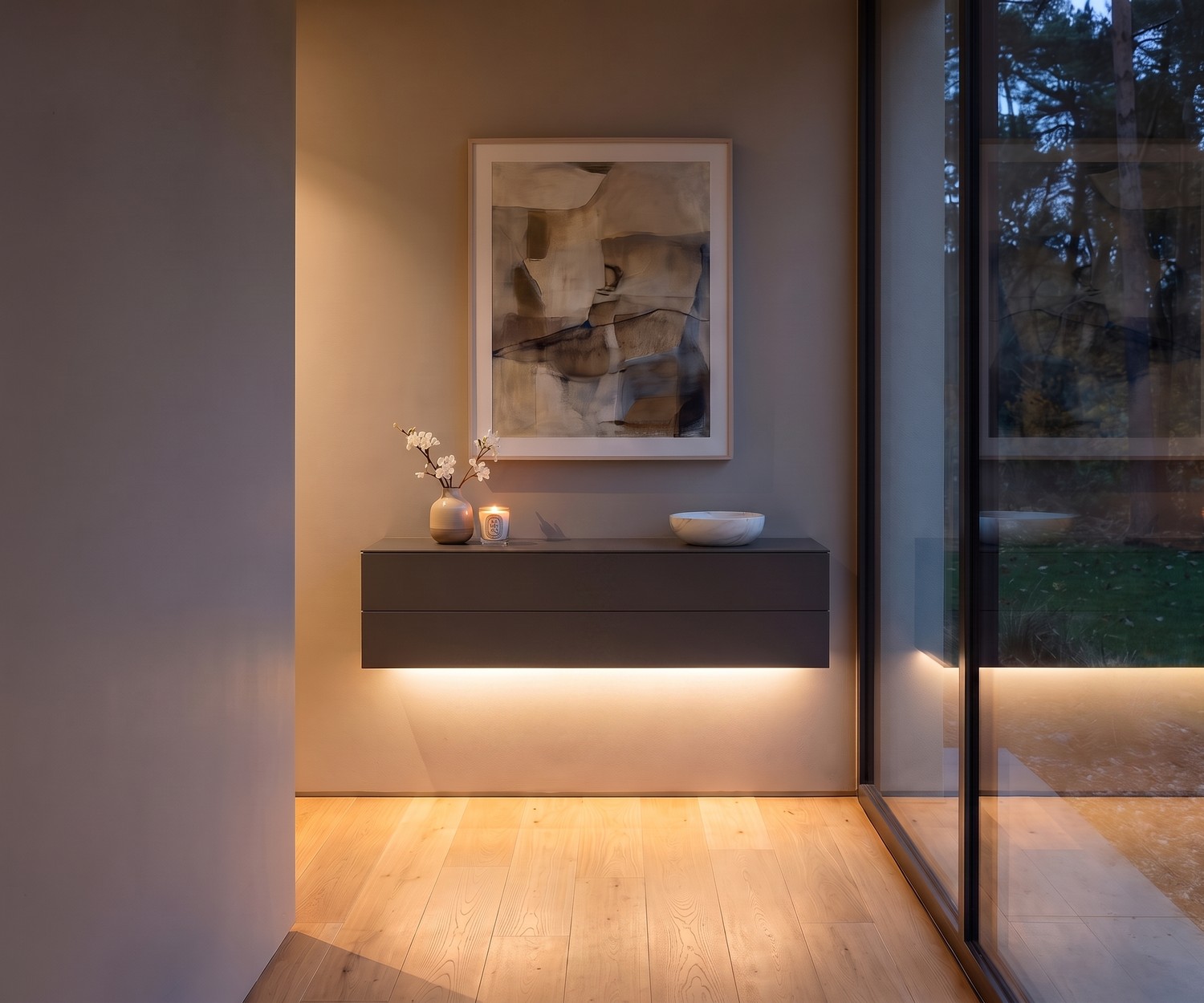 Novamobili Easy Floating Chest of Drawers Novamobili Easy floating chest of drawers with 2 drawers in a hallway under a round mirror and modern lamp.