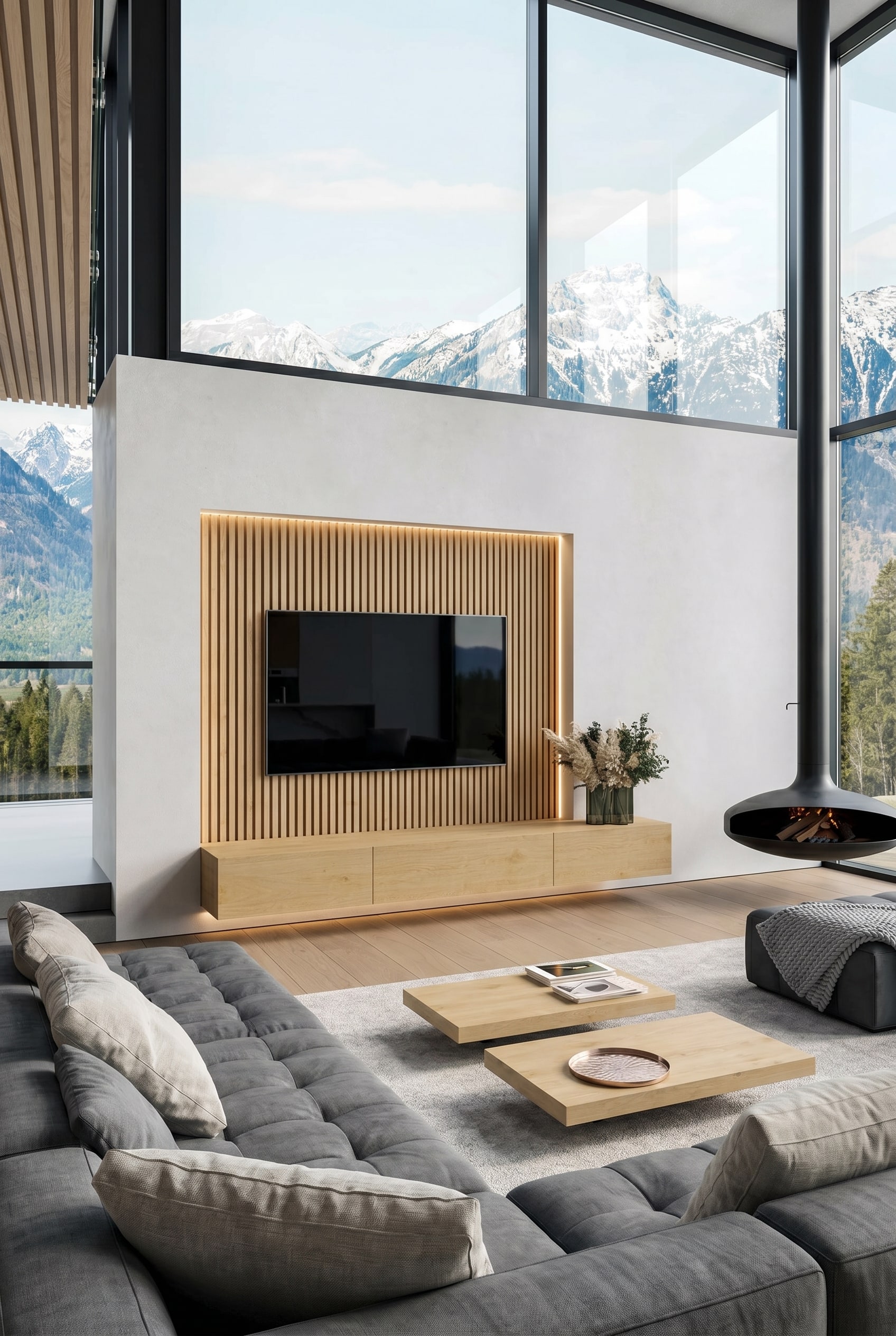 Natuurhouten lowboard met drie lades voor minimalistische wand met schaduwvoeg en LED-verlichting