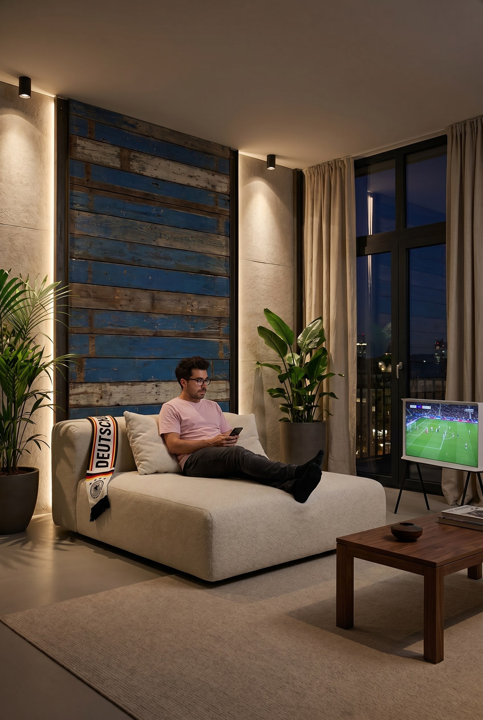 Moderno divano letto modulare bianco in un'ampia lounge con elementi in legno industriali sullo sfondo e un tavolo in legno marrone