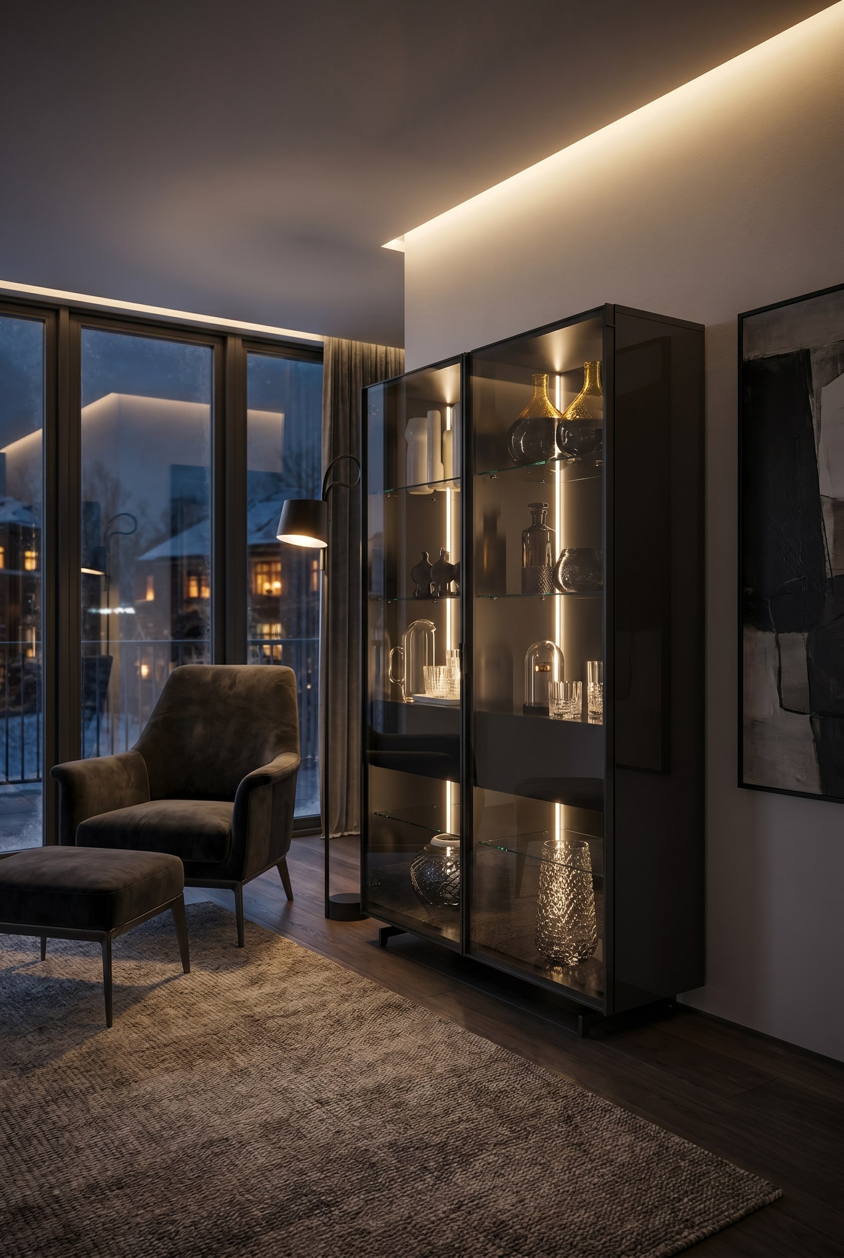 Luxe woonkamer met kamerhoge, volledig glazen vitrine van donker fum&eacute;-glas, verlicht en gevuld met edele karaffen