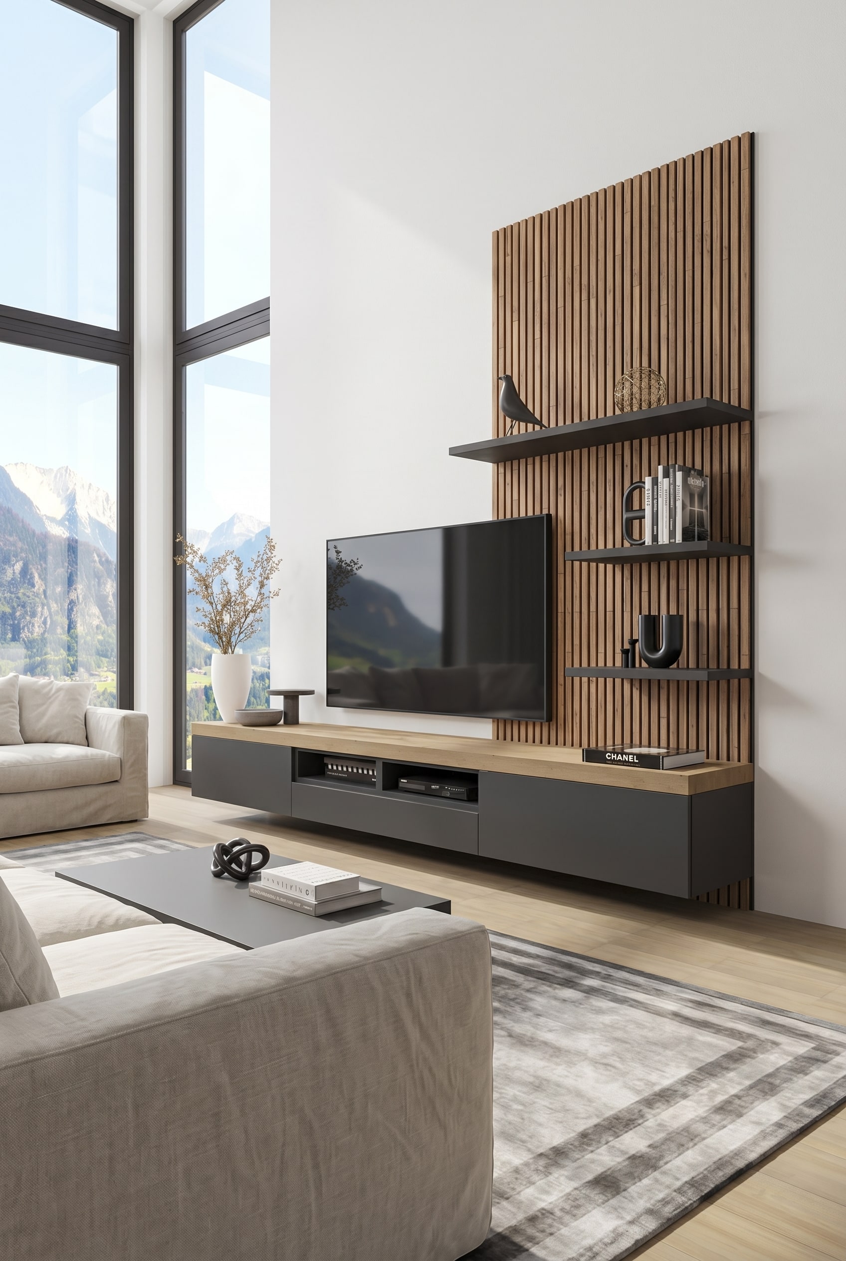 Livitalia Lowboard C101, dat mat wit combineert met een elegante houtafwerking