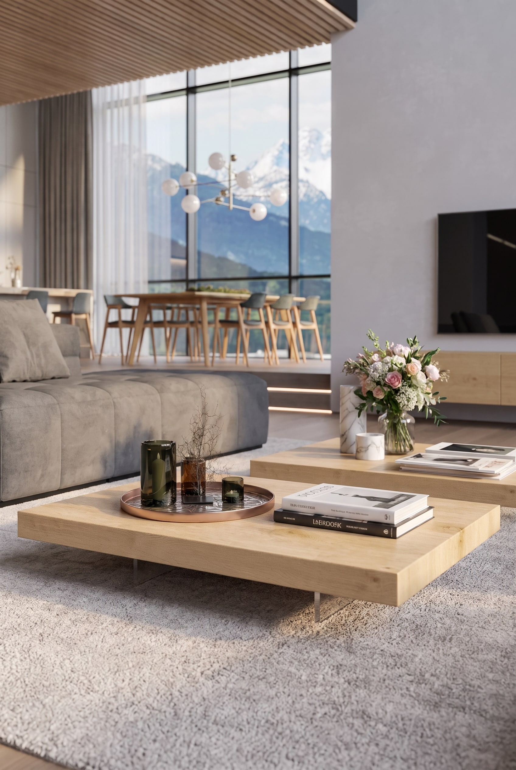 Spacious living room with a very wide, low-slung solid oak coffee table, positioned in front of a large window.