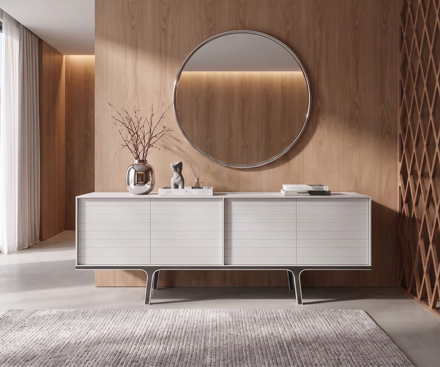 Mobius 002 sideboard by al2 in a modern living room. Minimalist matte white credenza against a warm wood paneled wall.