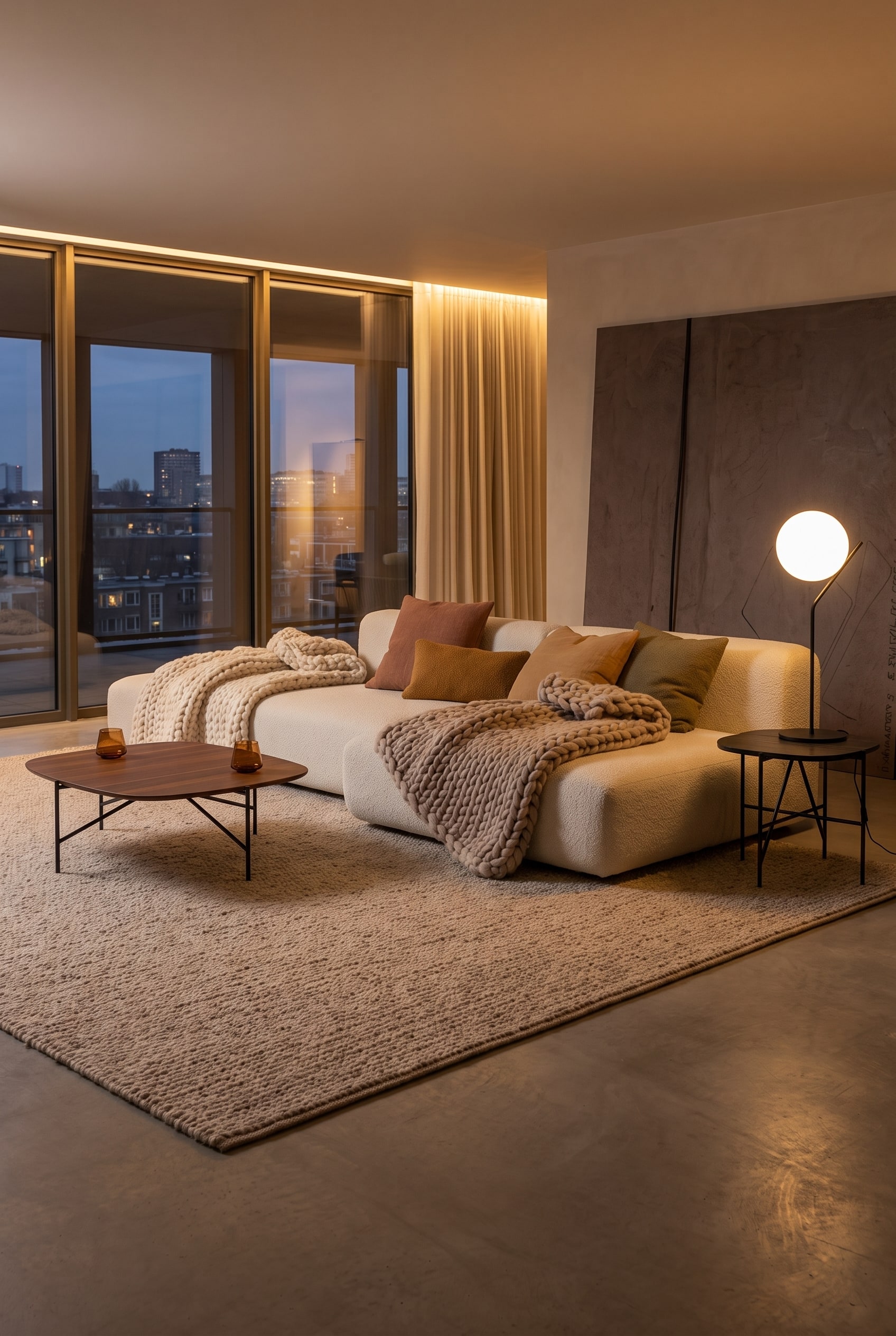 Accogliente divano modulare in tessuto chiaro con cuscini disposti con cura, tavolo in legno e illuminazione calda in stile loft industriale