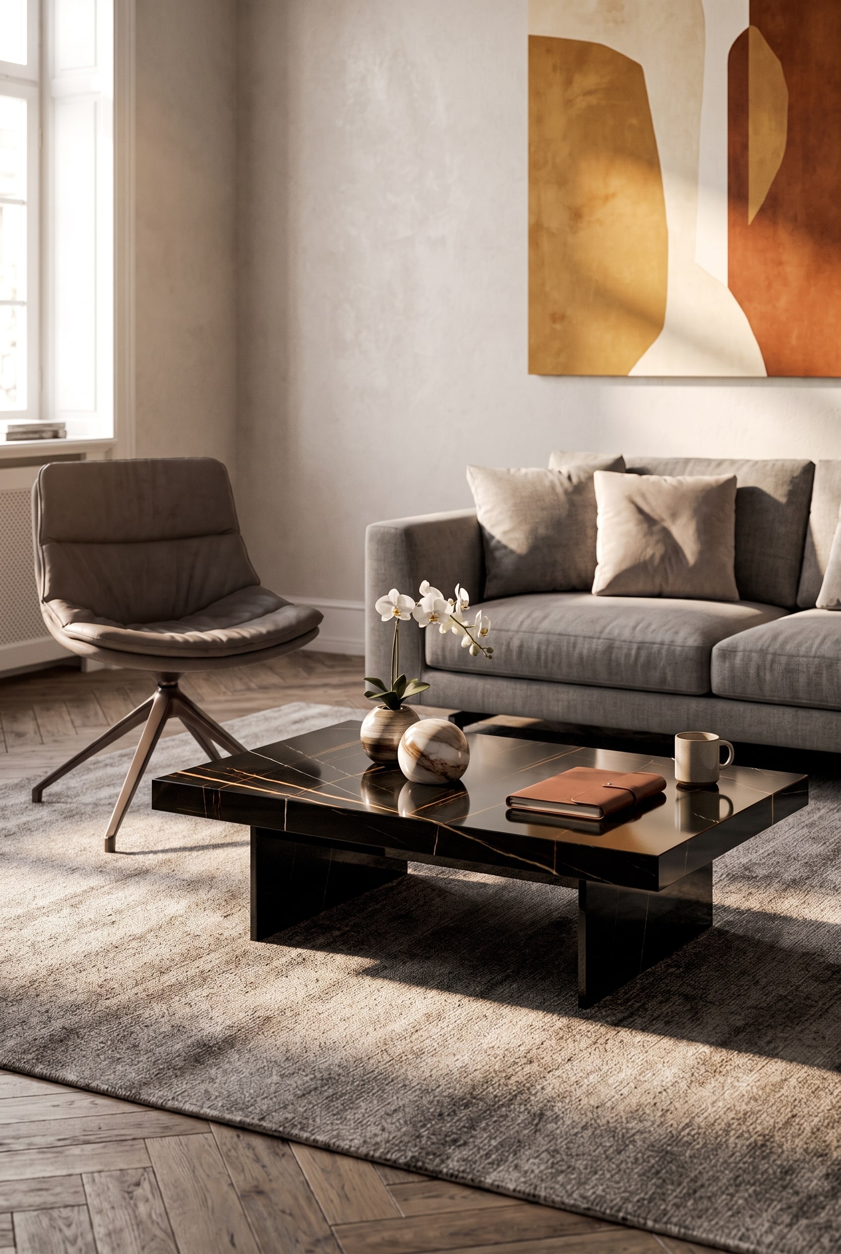 Ozzio Coffee Table Bellagio with ceramic top in a modern living room, its surface easily wiped clean