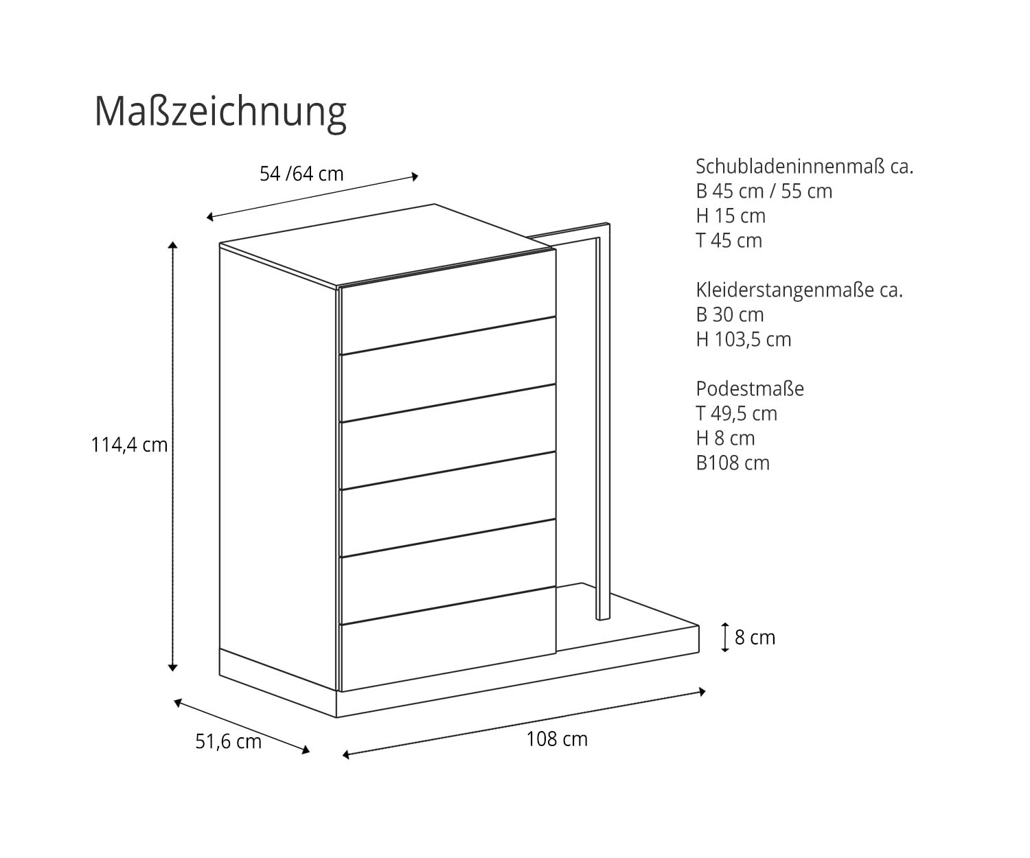 Novamobili Easy 6 high chest of drawers with wardrobe Dimensional drawing