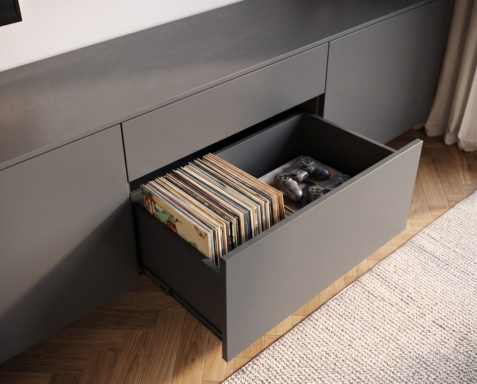 Detail: tall drawer of the Spaziora TV sideboard, e.g. for records and consoles