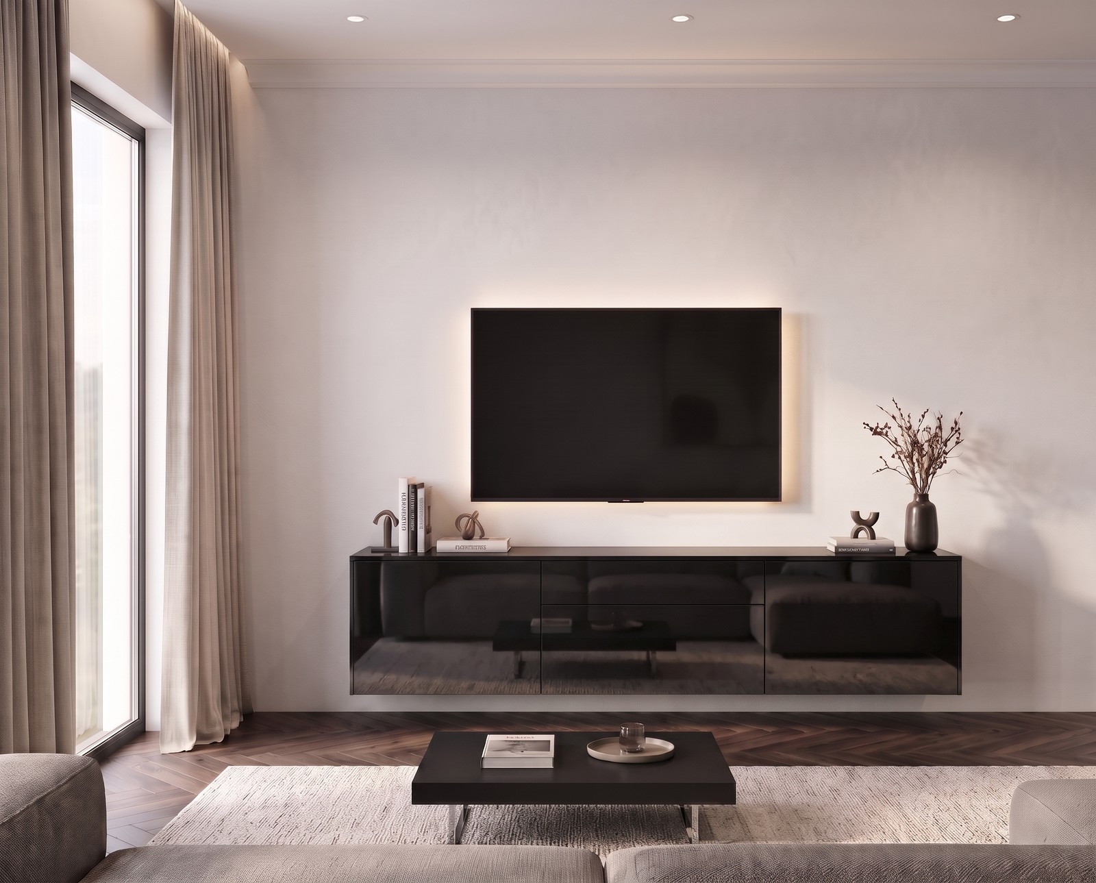 Livitalia Spaziora TV sideboard in high-gloss black, W 180 cm, wall-mounted in a living room