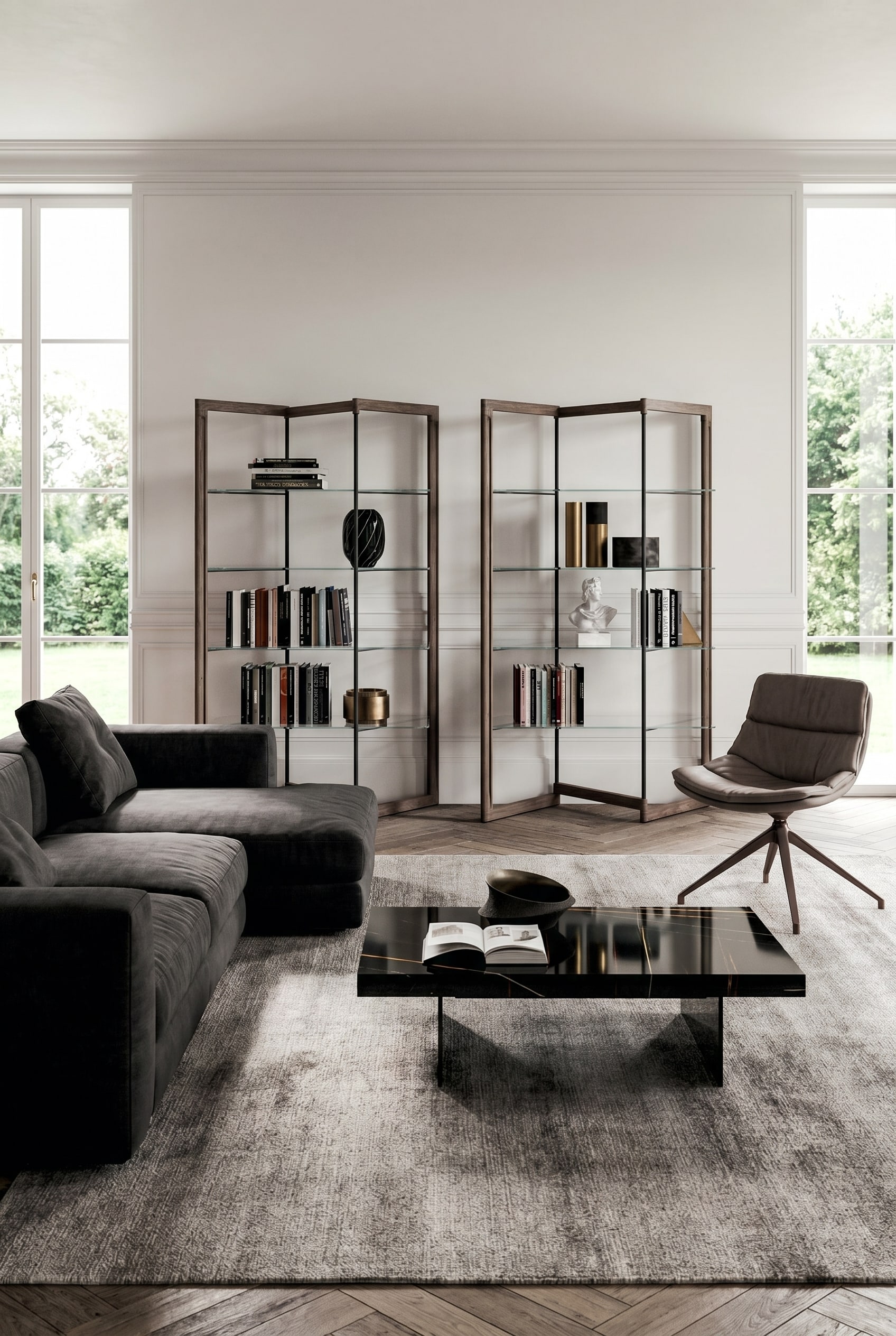 Elegante woonkamer met donkere hoekbank, licht tapijt en een vierkante salontafel met reflecterende zwarte glasplaat