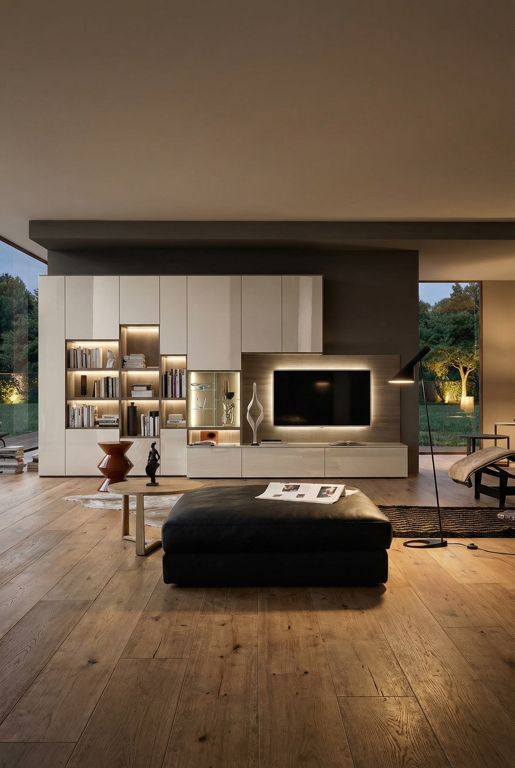 Meuble TV mural Livitalia clair avec bibliothèque C64, dans lequel un téléviseur à écran plat est élégamment intégré. Meuble TV mural Livitalia clair avec bibliothèque C64, dans lequel un téléviseur à écran plat est élégamment intégré.