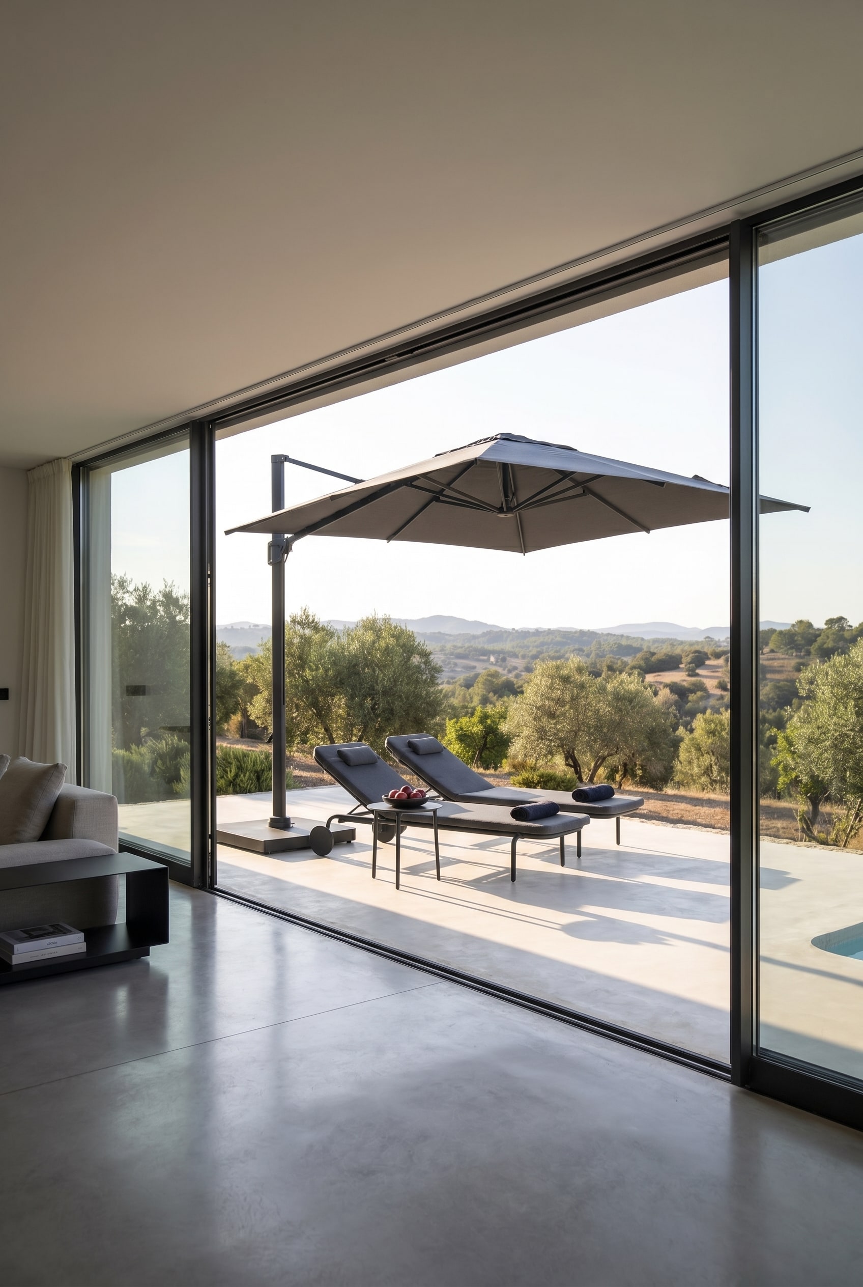 Stanza moderna con vetrata aperta sulla terrazza, grande ombrellone a braccio e due lettini Todus Starling grigio scuro