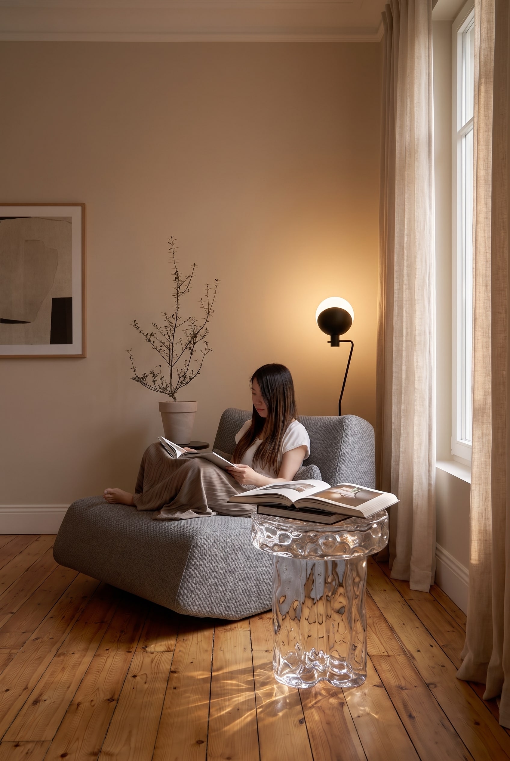 Ein moderner, skulptural geformter Lounge-Sessel neben einem runden Beistelltisch aus Glas vor einem massiven Holzb&uuml;cherregal.