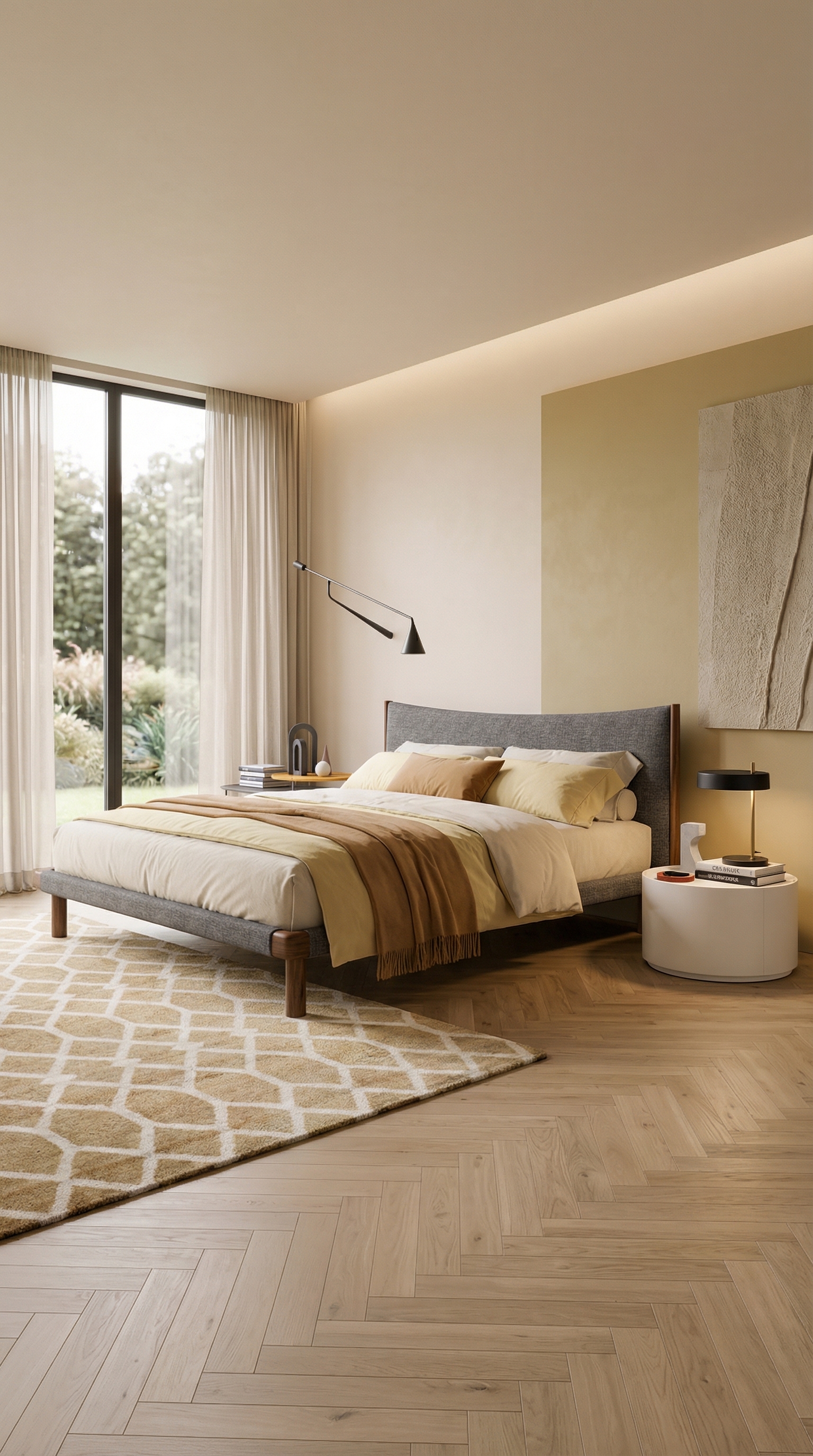 Gemütliches Schlafzimmer mit Novamobili Bett Mizu und rundem Nachttisch Allout Gemütliches Schlafzimmer mit Novamobili Bett Mizu und rundem Nachttisch Allout