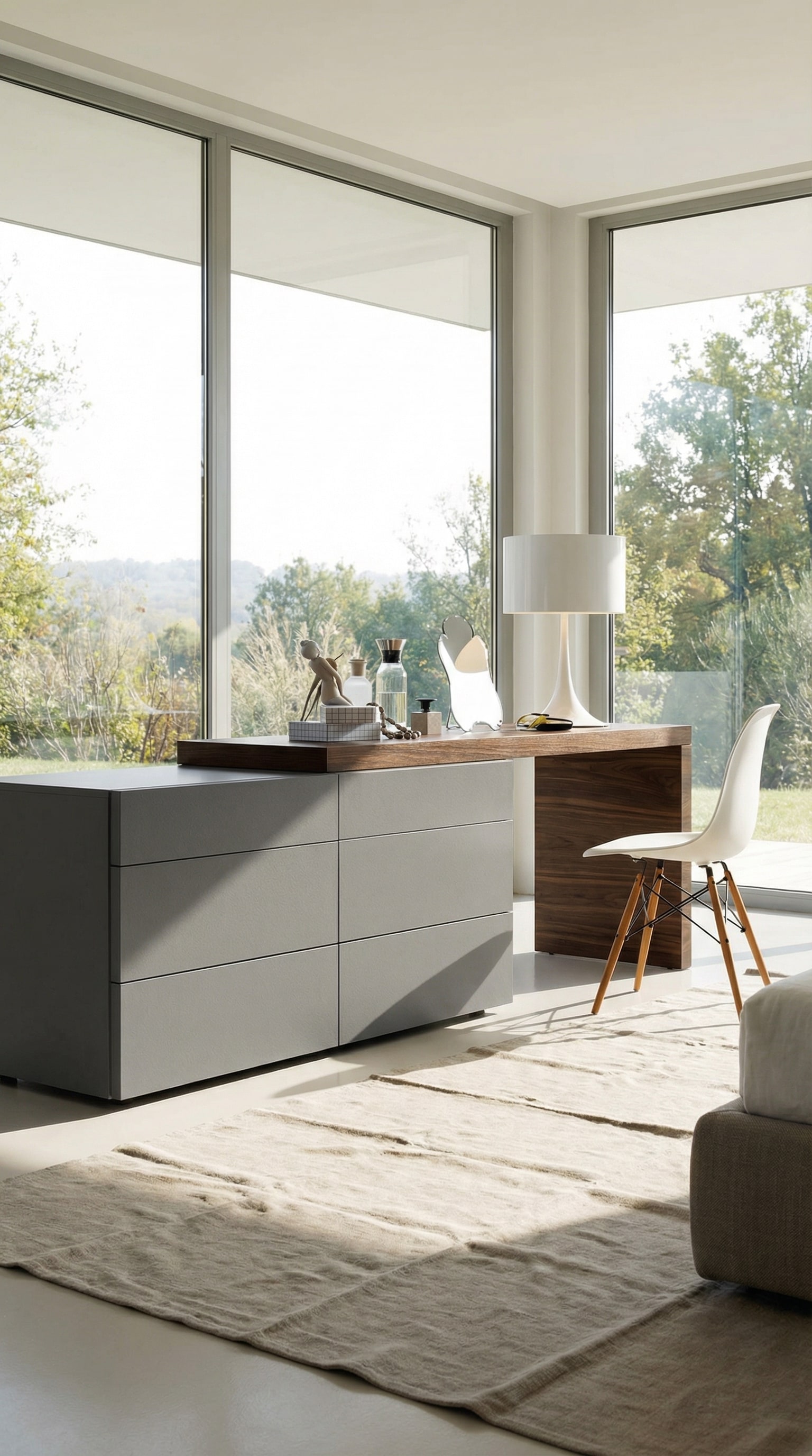 Hybrid chest of drawers with integrated desk in a modern bedroom or home office.