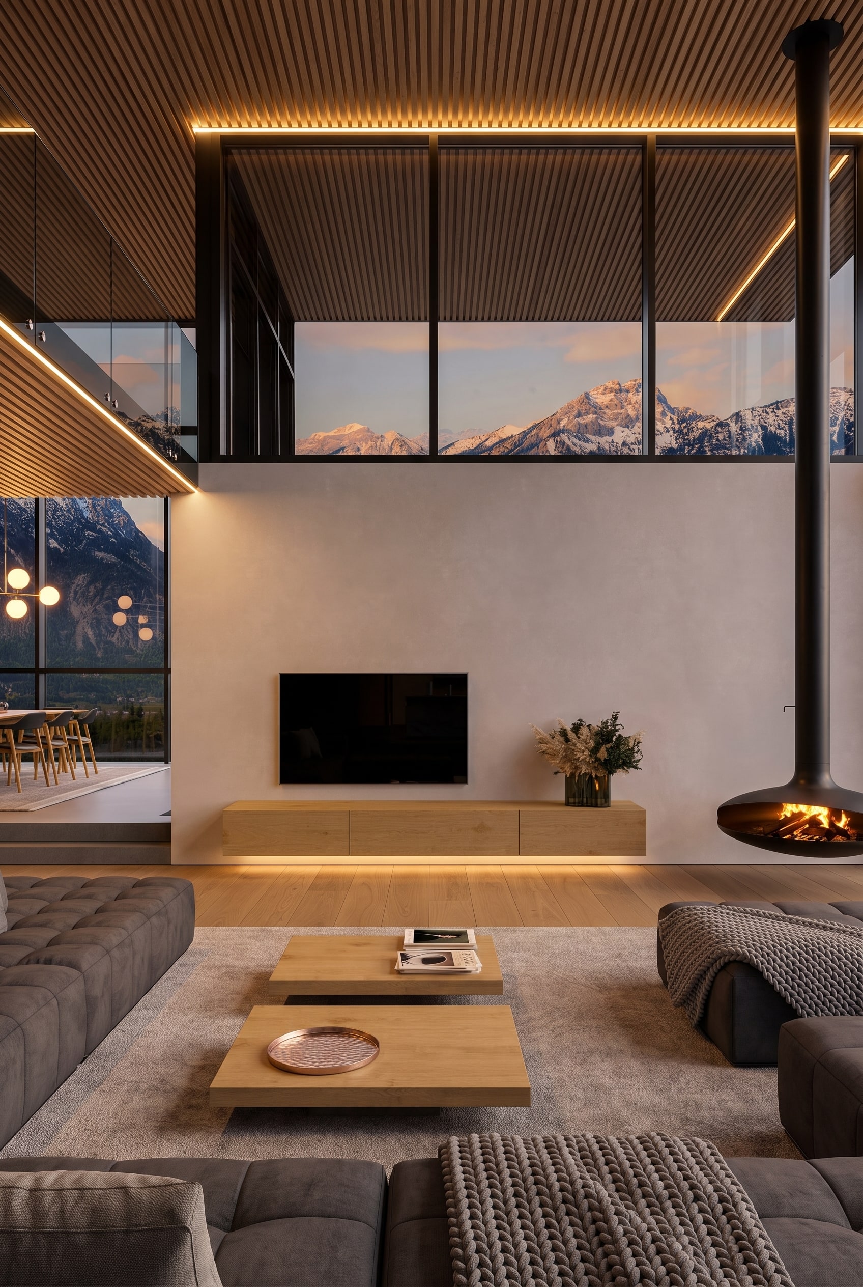 Parete attrezzata moderna in legno di rovere, accanto alla quale &egrave; posizionato un camino di design nero autoportante come elemento architettonico separato