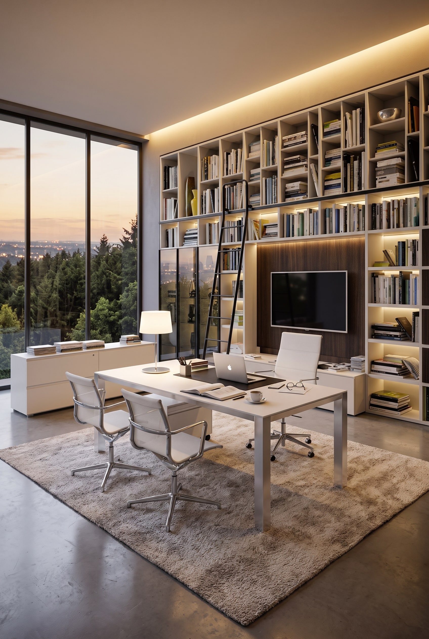 Libreria a tutta altezza in bianco e legno scuro con una scala scorrevole nera in uno studio elegante
