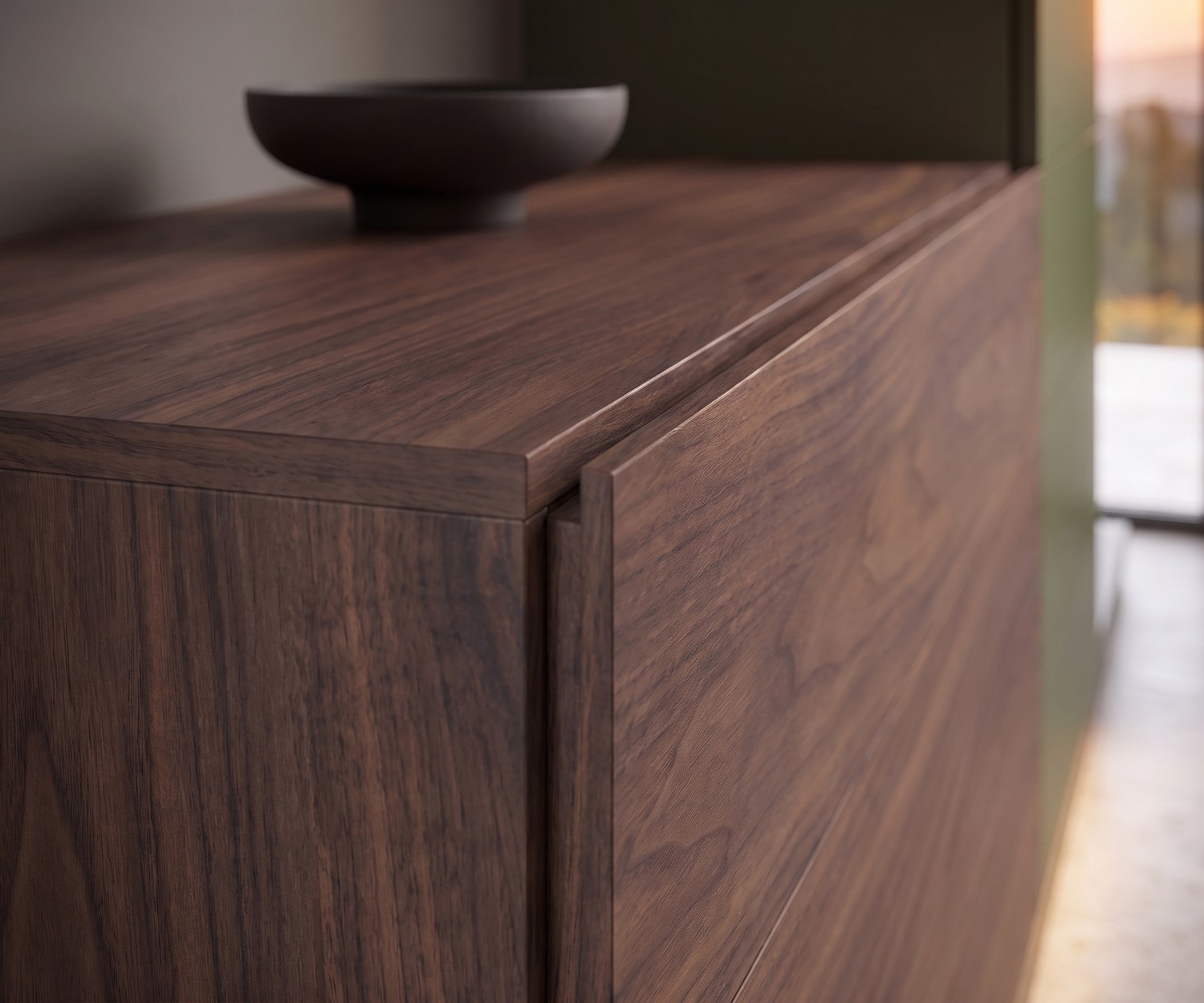 Novamobili Easy 9 chest of drawers for the bedroom in walnut wood with a minimalist, handleless design.