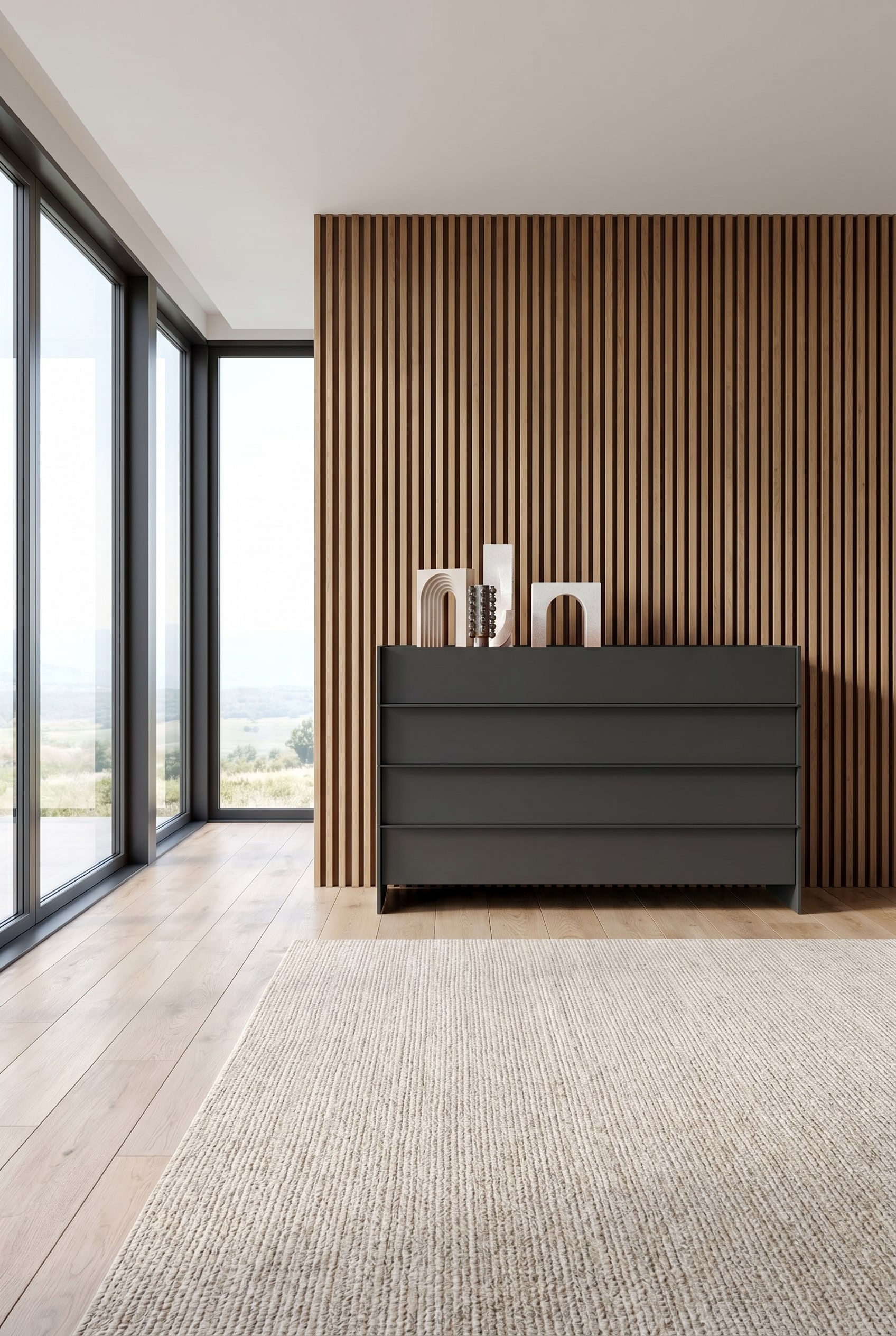 Camera da letto minimalista con finestre a tutta altezza e un lungo comò di design color antracite su una parete in legno