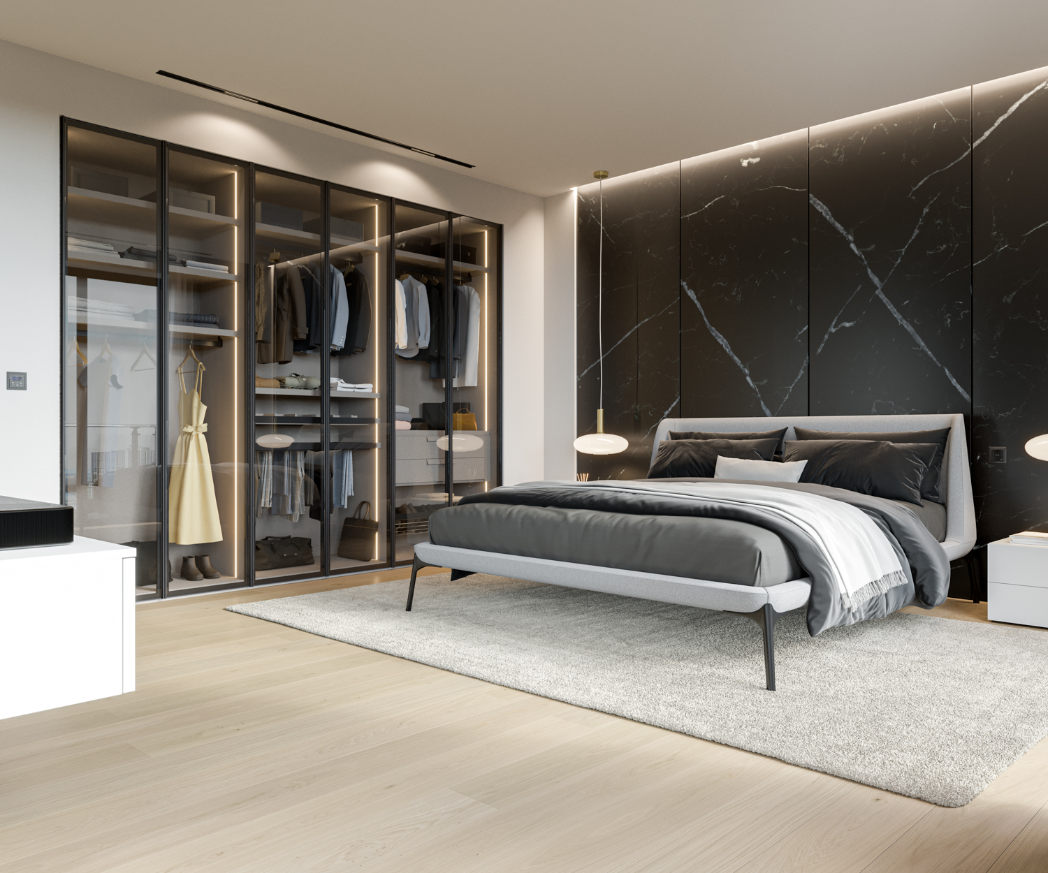 Bright bedroom with glass doors Wardrobe Bright bedroom with glass doors Wardrobe