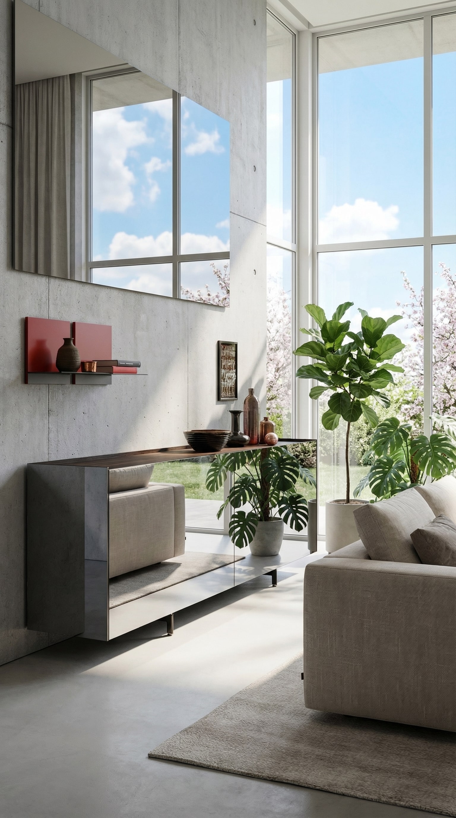 Wohnzimmer mit einem verspiegelten Sideboard, das das helle Tageslicht und die Natur reflektiert.