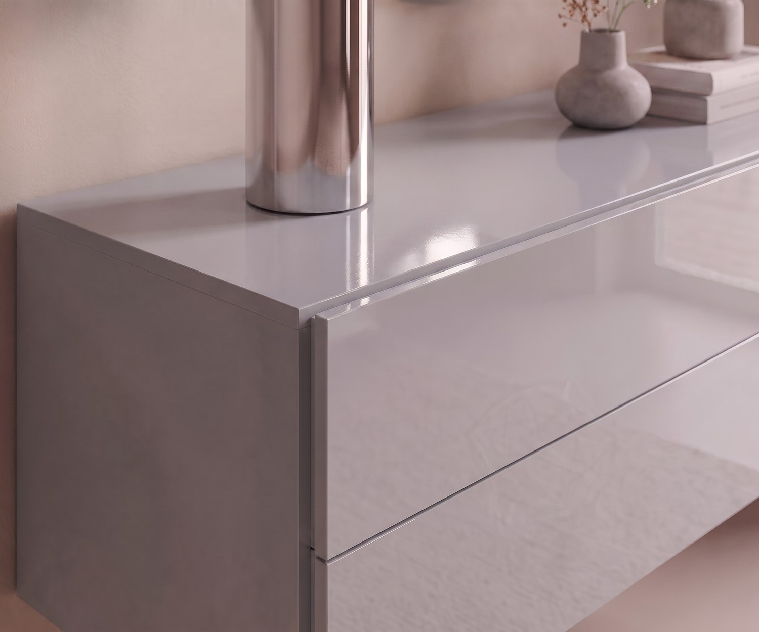 Hängekommode Easy für das Wohnzimmer in Hellgrau Hochglanz, modernes Novamobili Sideboard für stilvollen Stauraum.