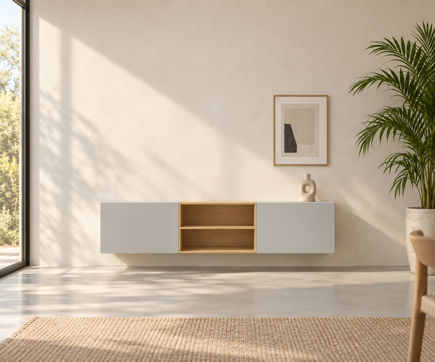 Livitalia Box 18 Wand Sideboard 180 cm – Matt Hellgrau + Eiche Hell