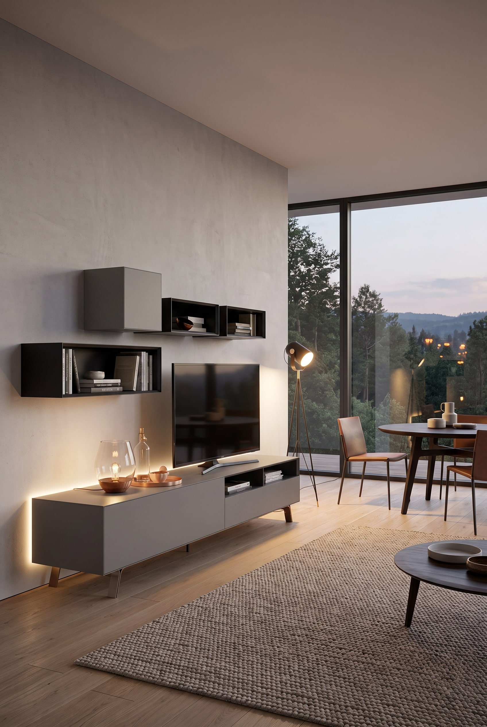 Soggiorno con combinazione di pensili con mensole in legno aperte e frontali laccati opachi chiusi