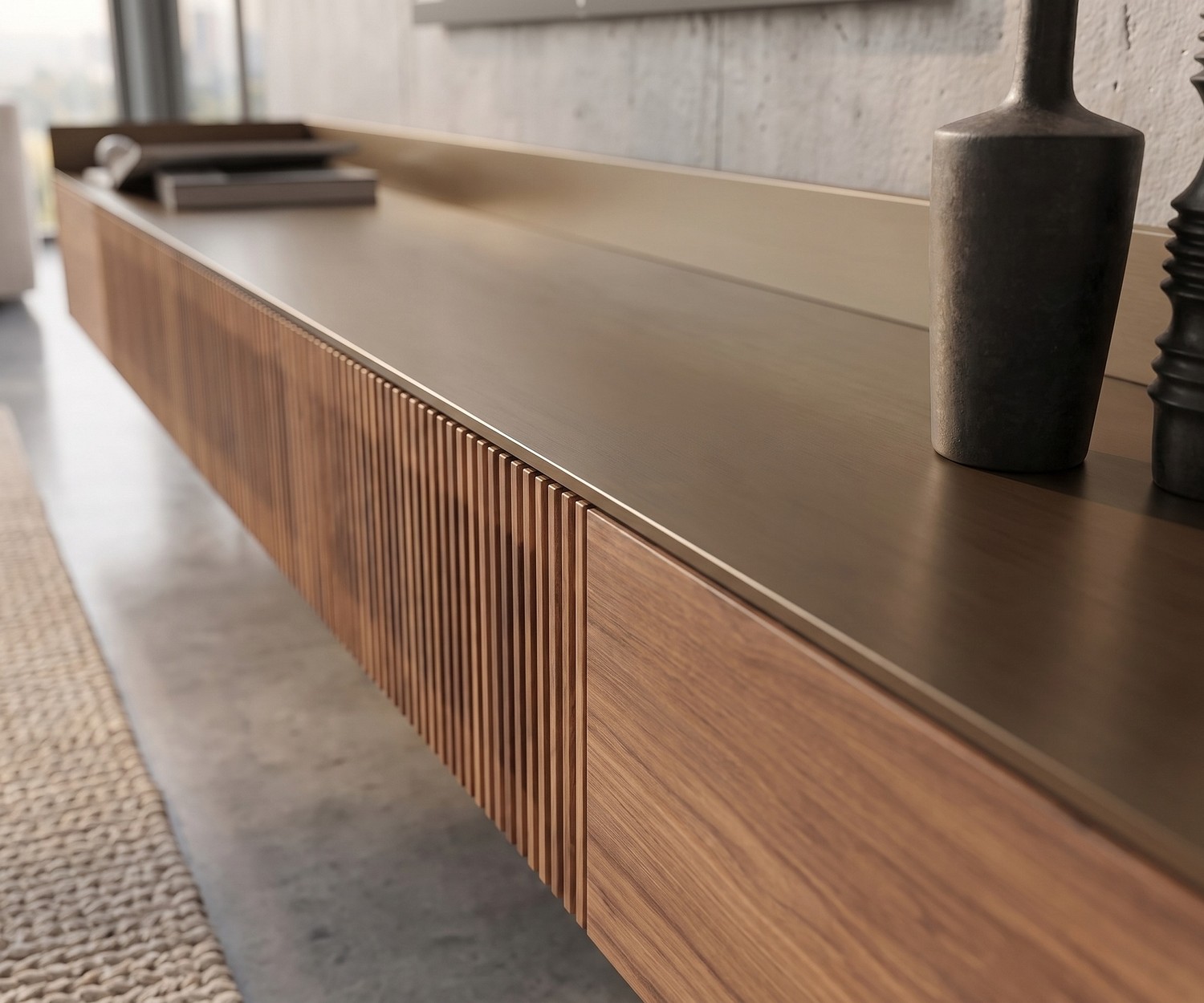 Punt Stockholm Slim Floating TV Sideboard Punt Stockholm Slim floating TV sideboard in wood with brass top in a modern concrete living room.