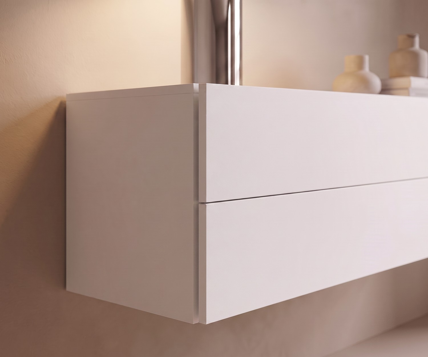 Novamobili Easy Floating Chest of Drawers Novamobili Easy floating chest of drawers with 2 drawers in a hallway under a round mirror and modern lamp.