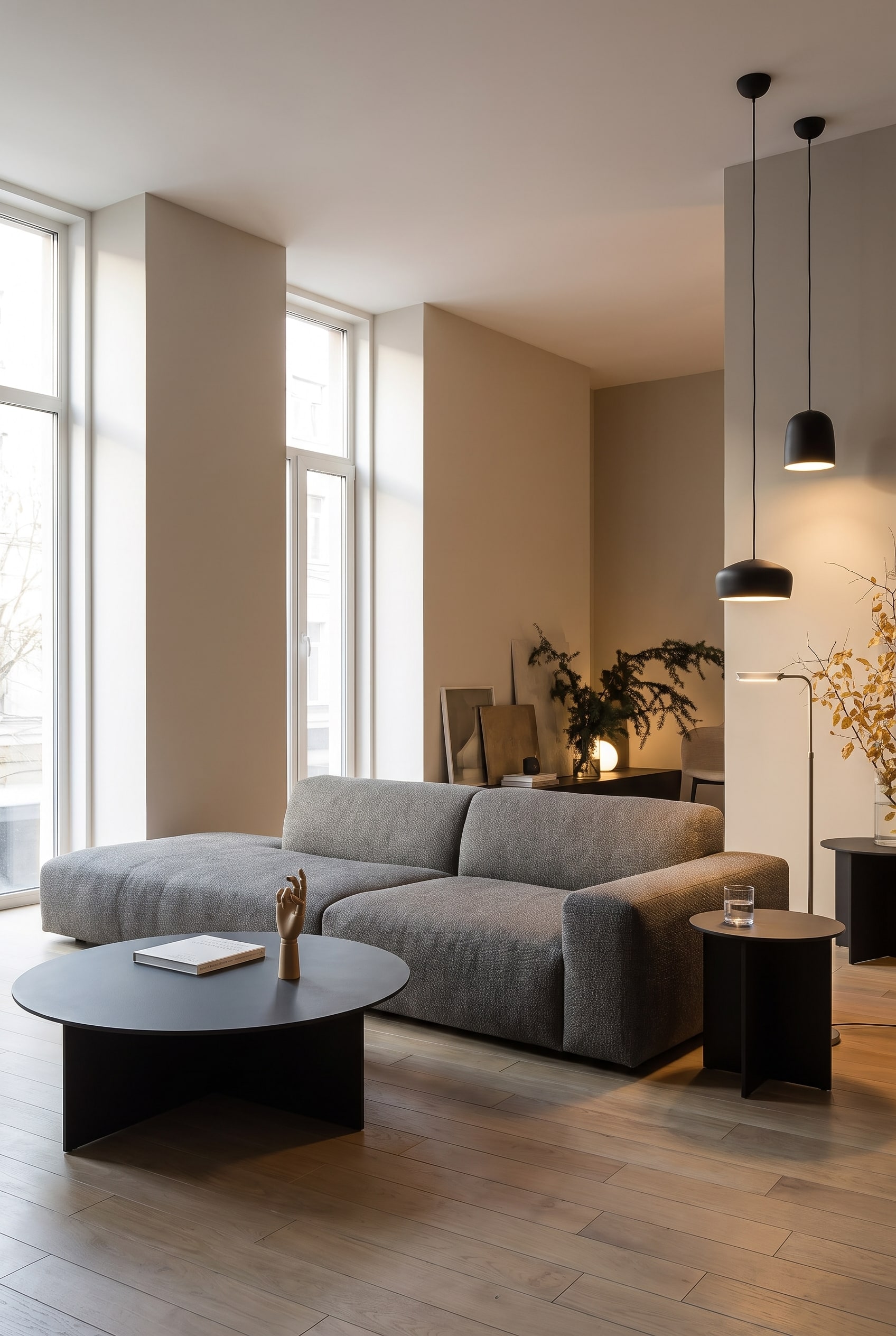 Een cr&egrave;mekleurige Prostoria Sofa Cloud in een elegante woonkamer met een warme, donkerdere leemmuur op de achtergrond.