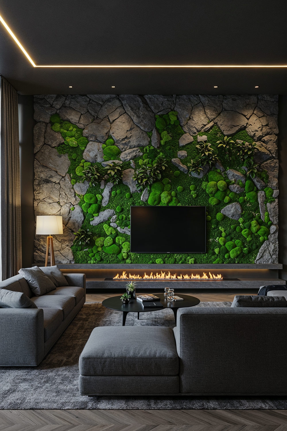 elegante-graue-polsterlandschaft-vor-abgestimmtem-lowboard-und-bemooster-steinwand