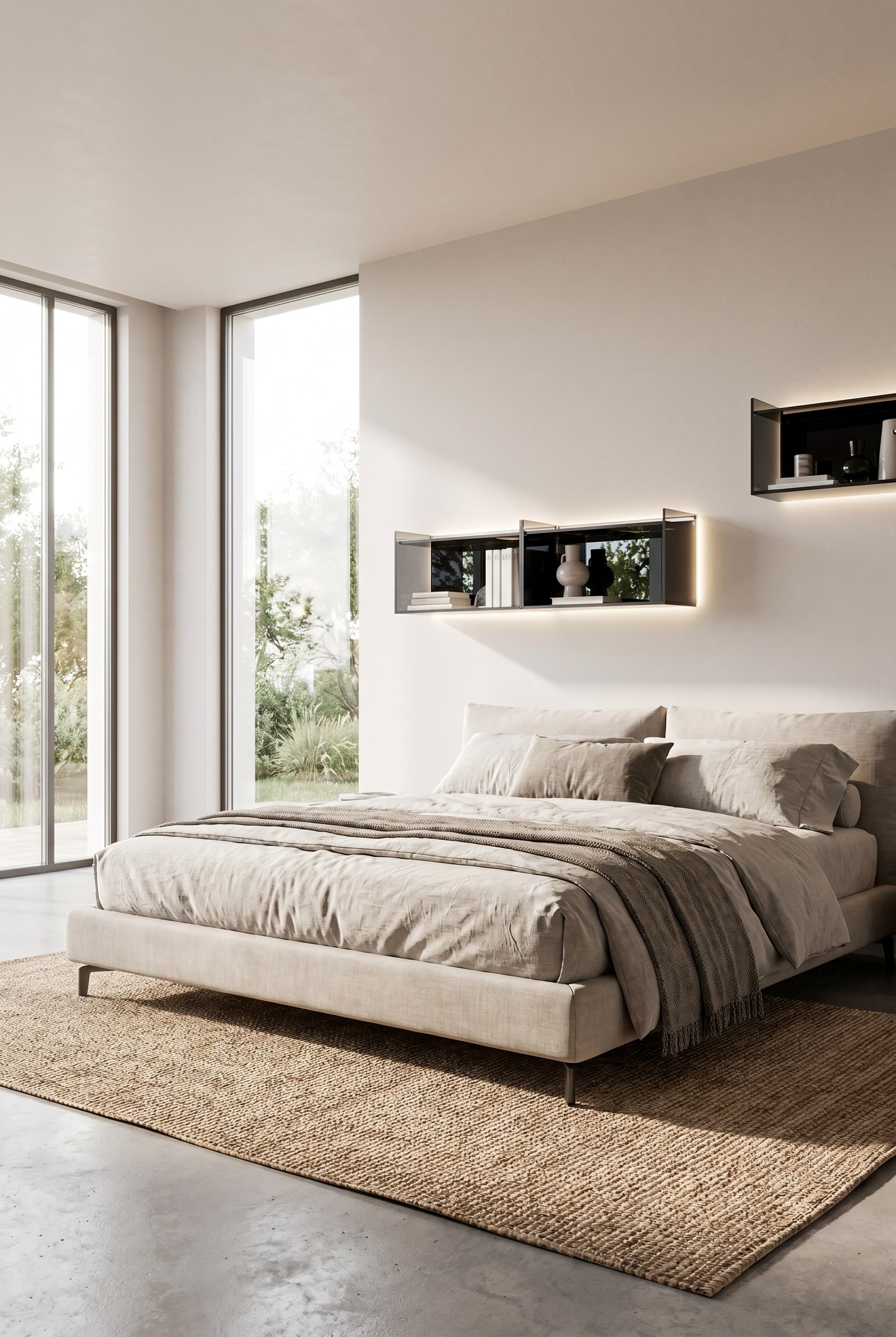 Luxueuze slaapkamer met een elegant Livitalia glazen wandrek van rookglas, asymmetrisch gemonteerd boven een modern gestoffeerd bed