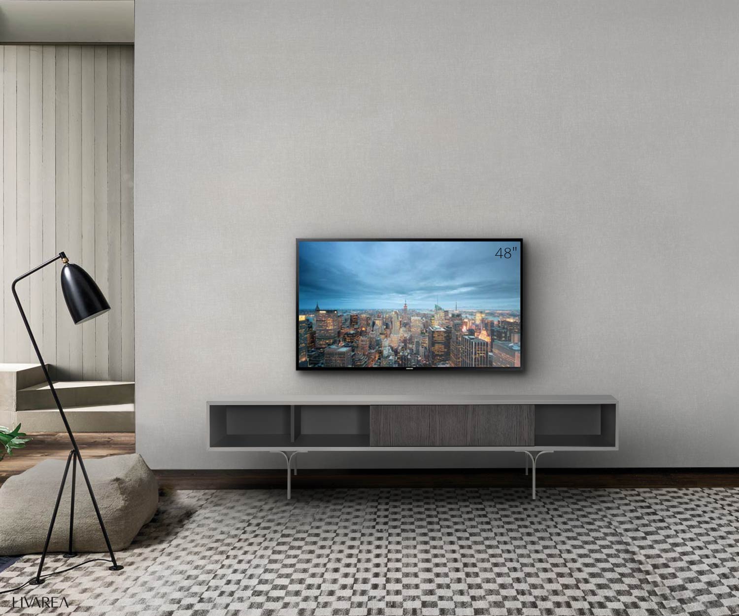Exklusives al2 Mobius 005 TV Board im Wohnzimmer mit Fernseher Exklusives al2 Mobius 005 TV Board im Wohnzimmer mit Fernseher