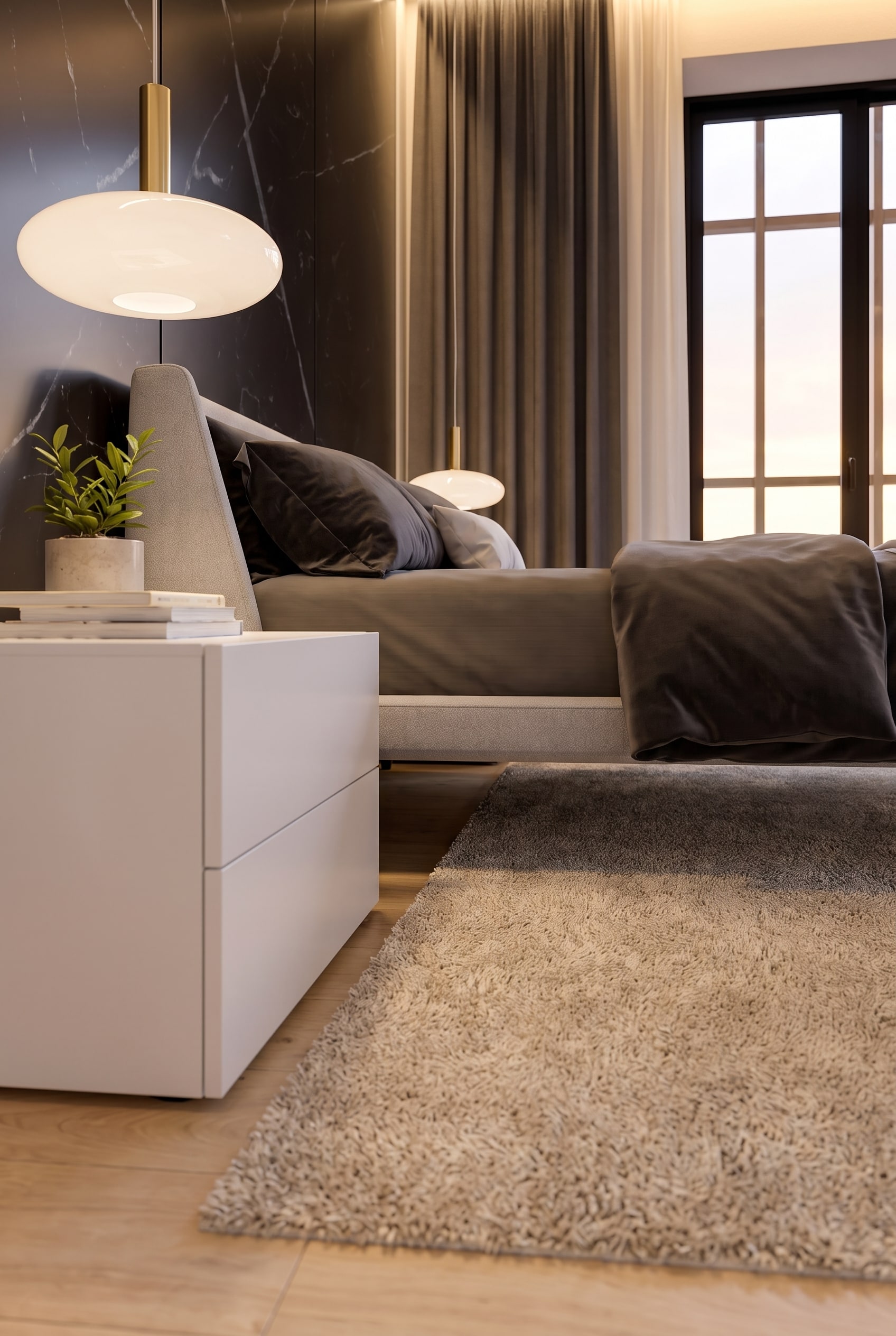 Wit nachtkastje met twee laden naast gestoffeerd bed, gelijk met de voorkant begint een pluizige slaapkamerloper op eikenparket.