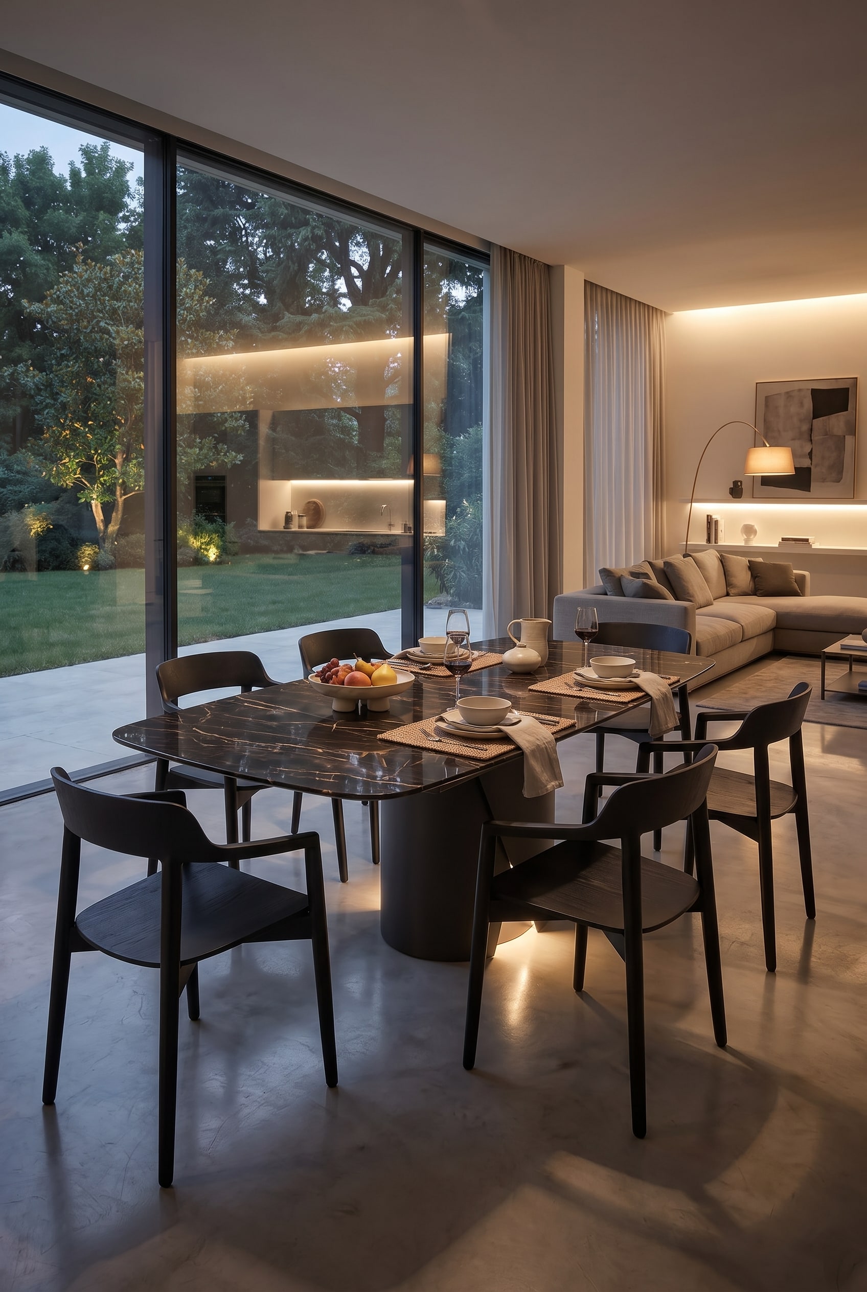 Sala da pranzo moderna con tavolo in ceramica effetto marmo scuro e quattro sedie moderne
