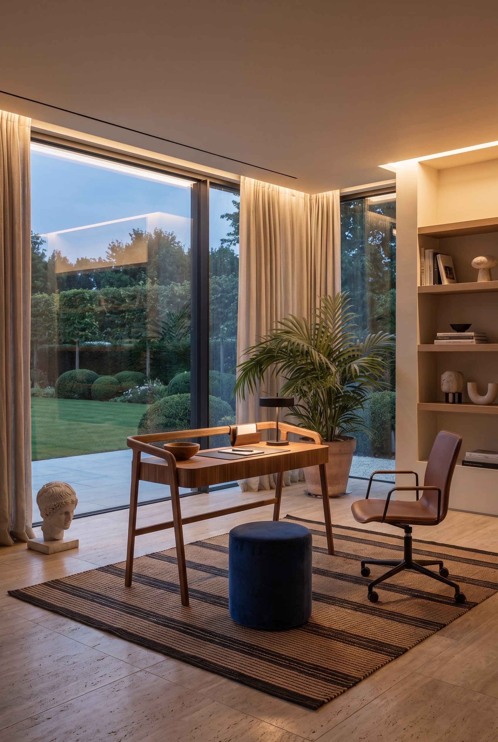 Architecten-home-office met een vrijstaand bureau in matlak en hout, een designstoel en een gestructureerd grootformaat tapijt.