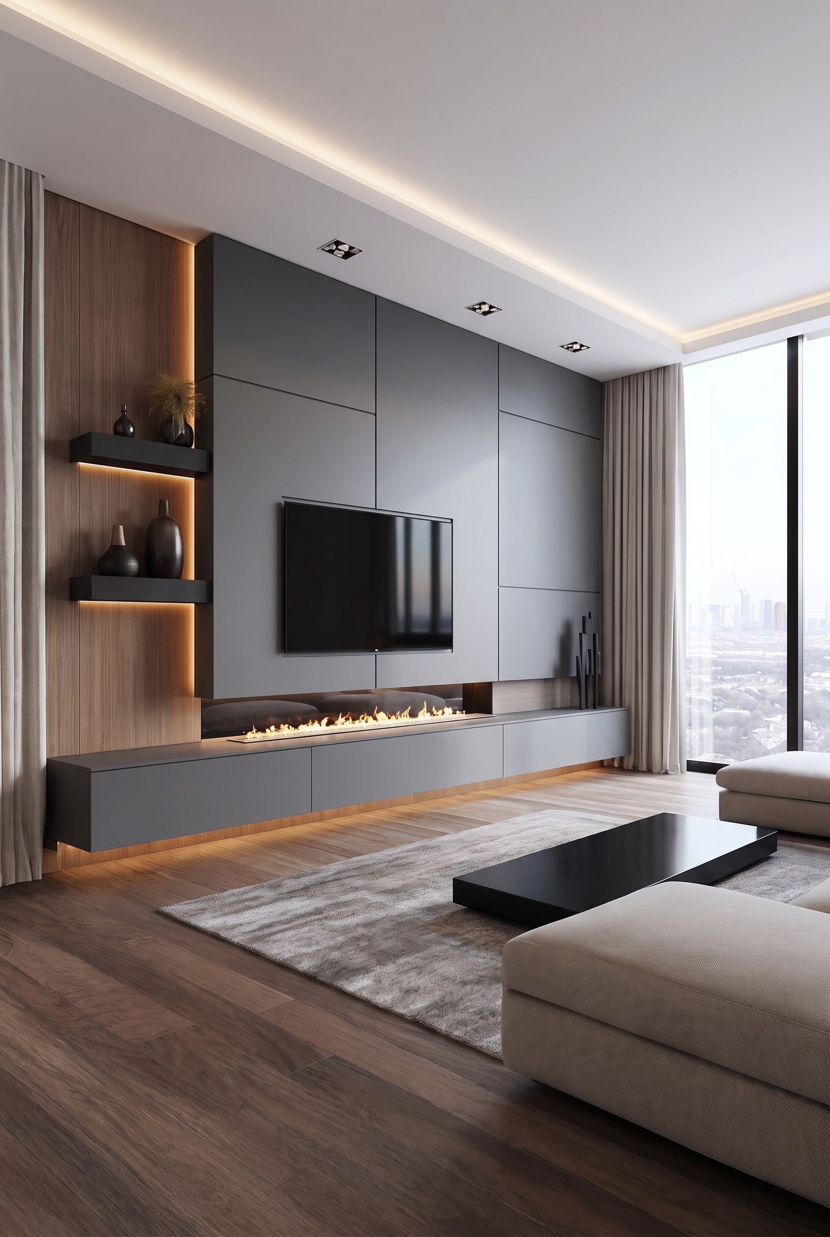 Architectural living room with asymmetrical wall unit and modular cabinet elements