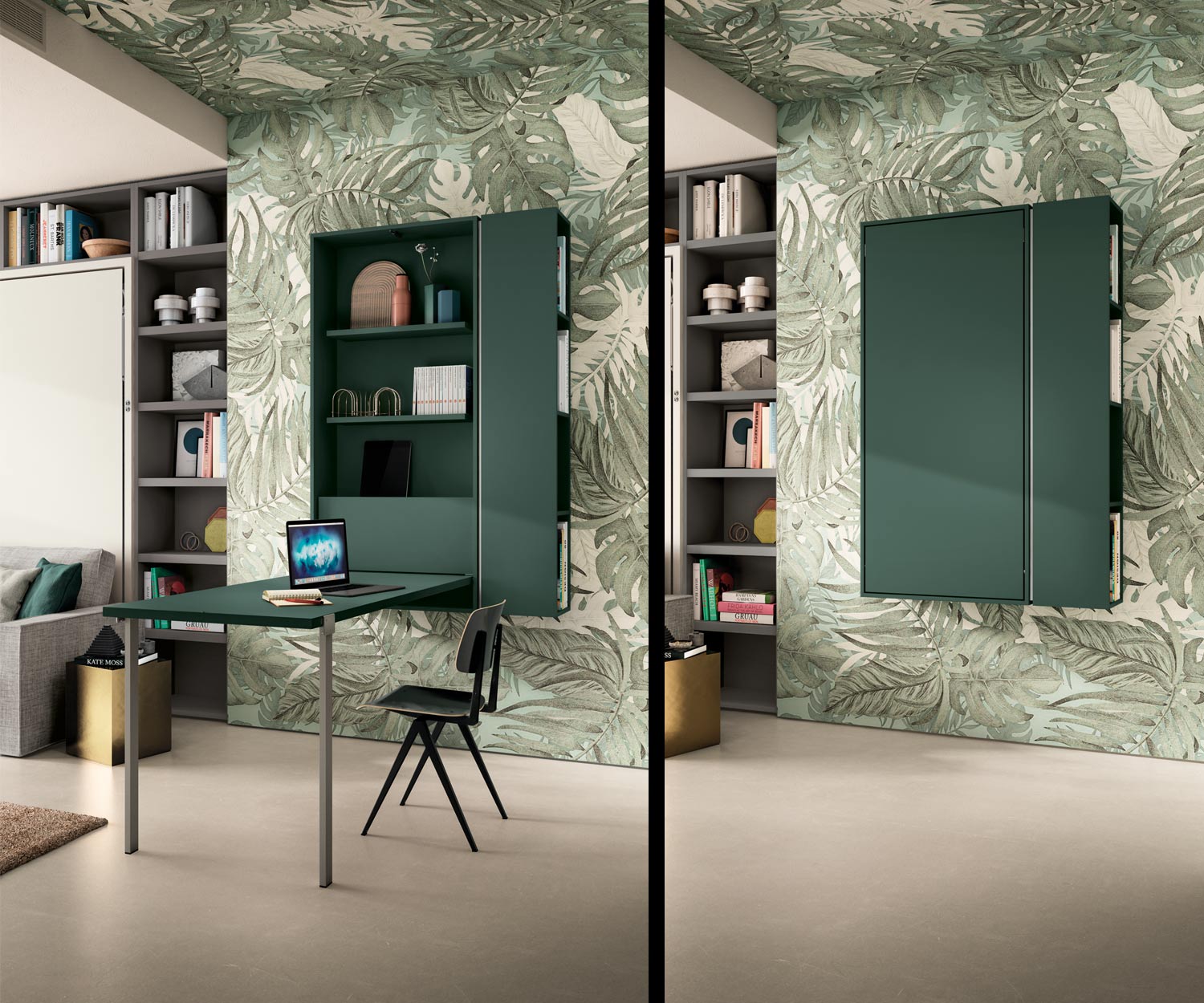 Wall unit furniture with guest bed in the living room and 3-seater sofa Wall unit furniture with guest bed in the living room and 3-seater sofa