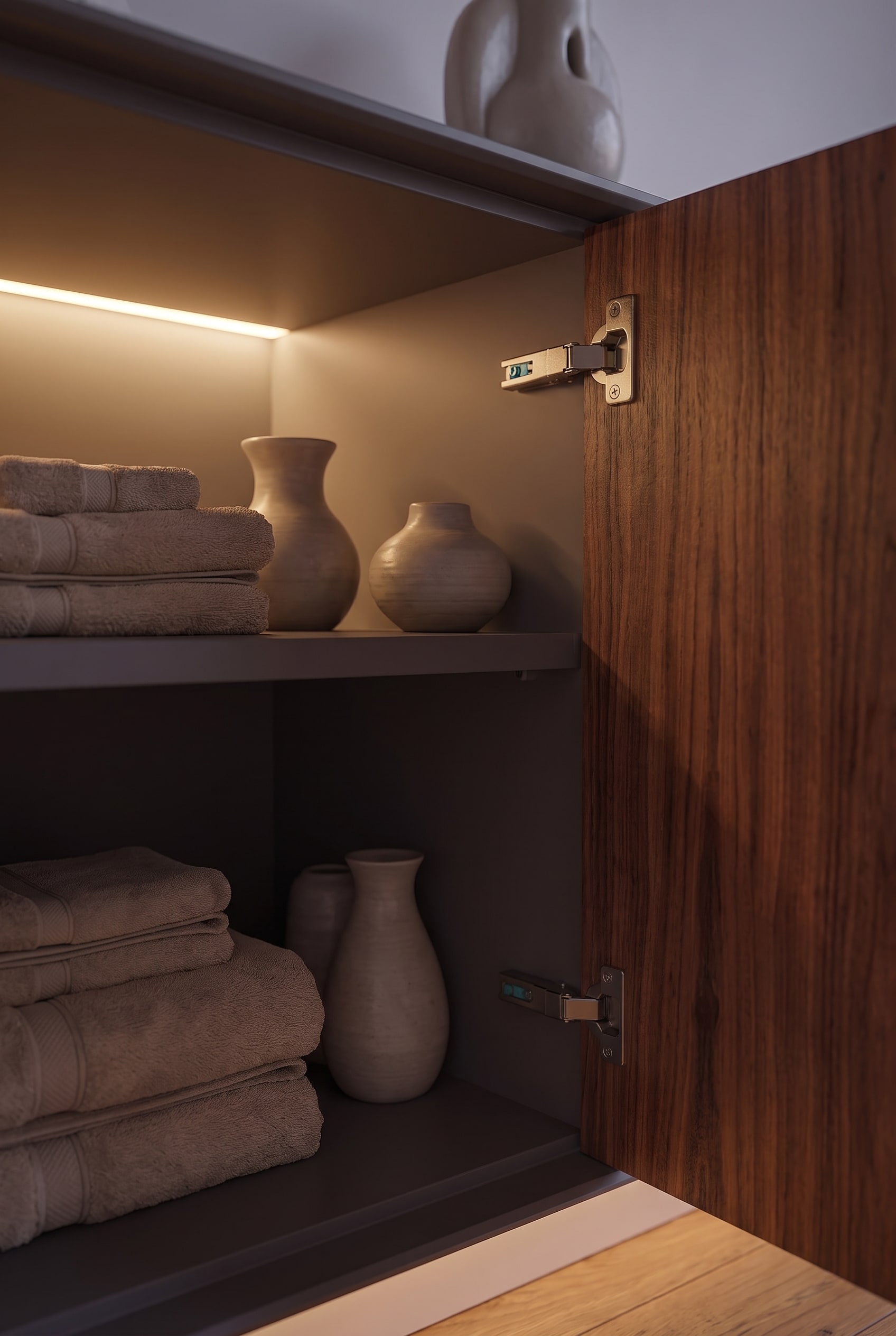 Detailaufnahme des ge&ouml;ffneten Sideboards mit hochwertigen Scharnieren, Handt&uuml;chern und Keramikvasen im Innenraum.