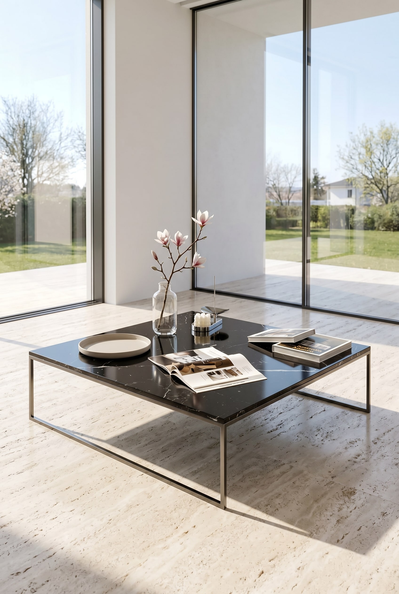 Minimalistische salontafel met dun metalen frame en licht marmeren blad, daarop een glazen vaas met een enkele lentetak