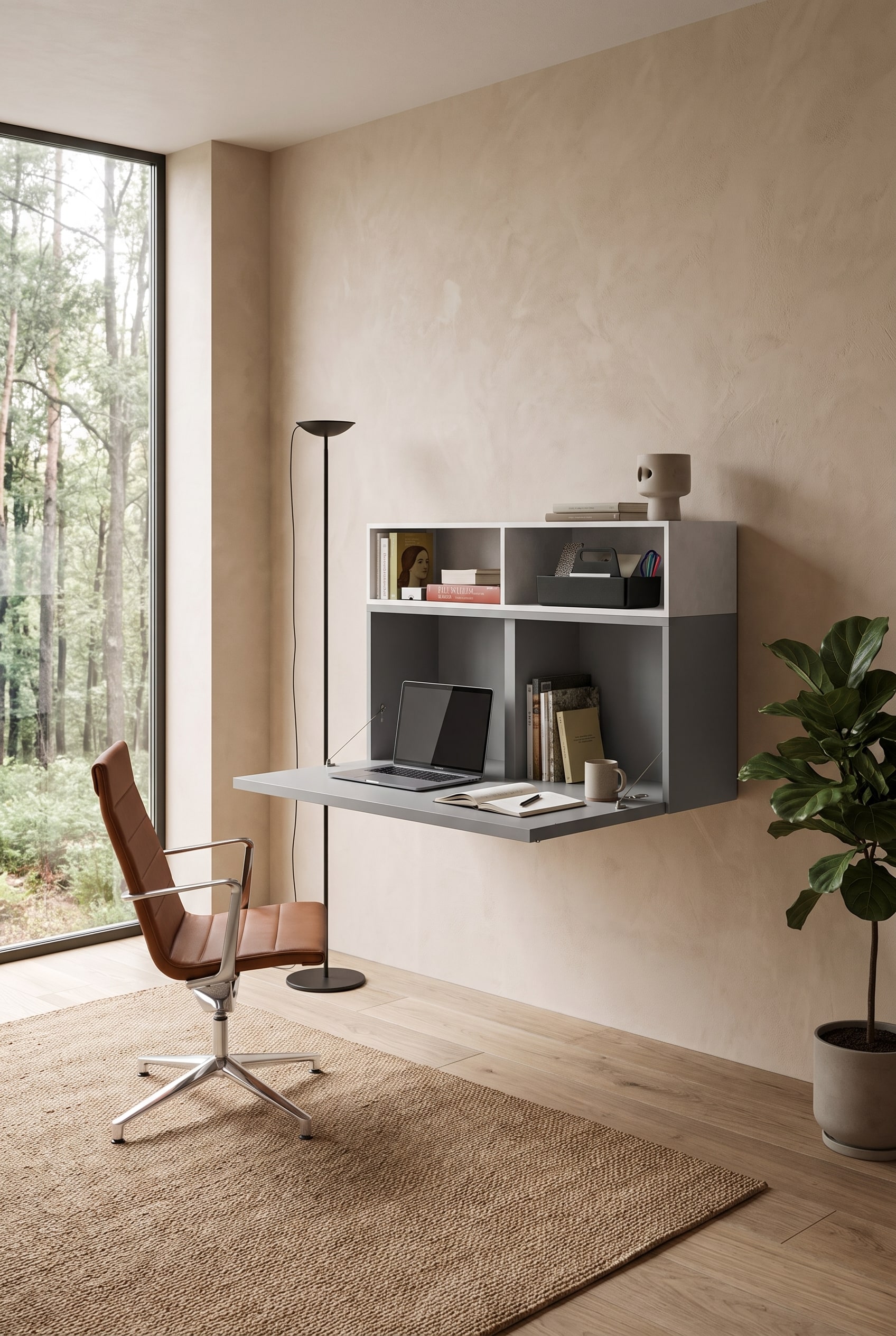 Ein eleganter Livitalia Cartesio Hängeschrank mit integriertem Schreibtisch in einem aufgeräumten Home-Office. Ein eleganter Livitalia Cartesio Hängeschrank mit integriertem Schreibtisch in einem aufgeräumten Home-Office.